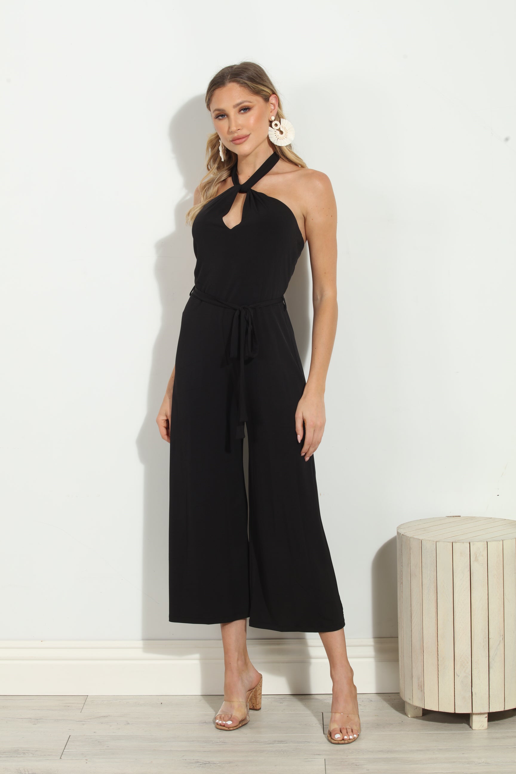 Black Halter Stretch Culotte Jumpsuit