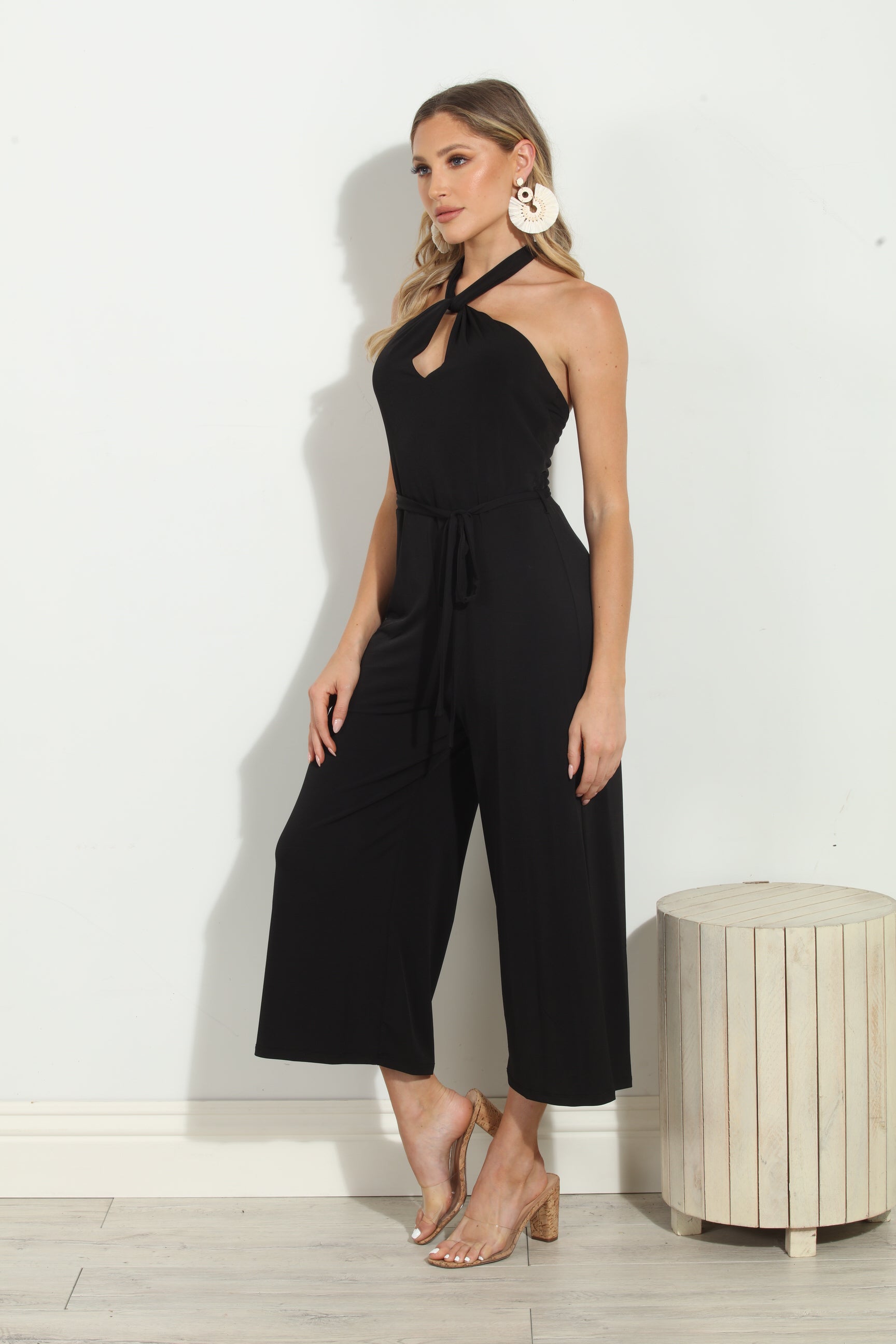 Black Halter Stretch Culotte Jumpsuit