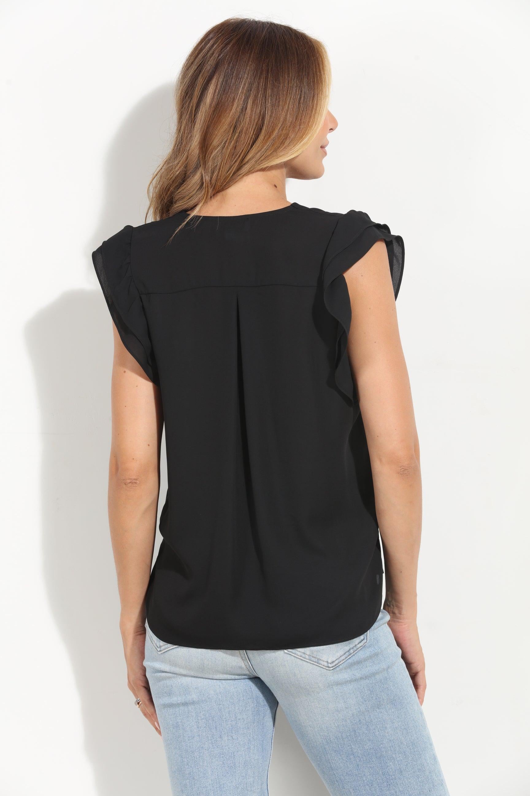 Black V-Neck Ruffle Blouse-BEST SELLER