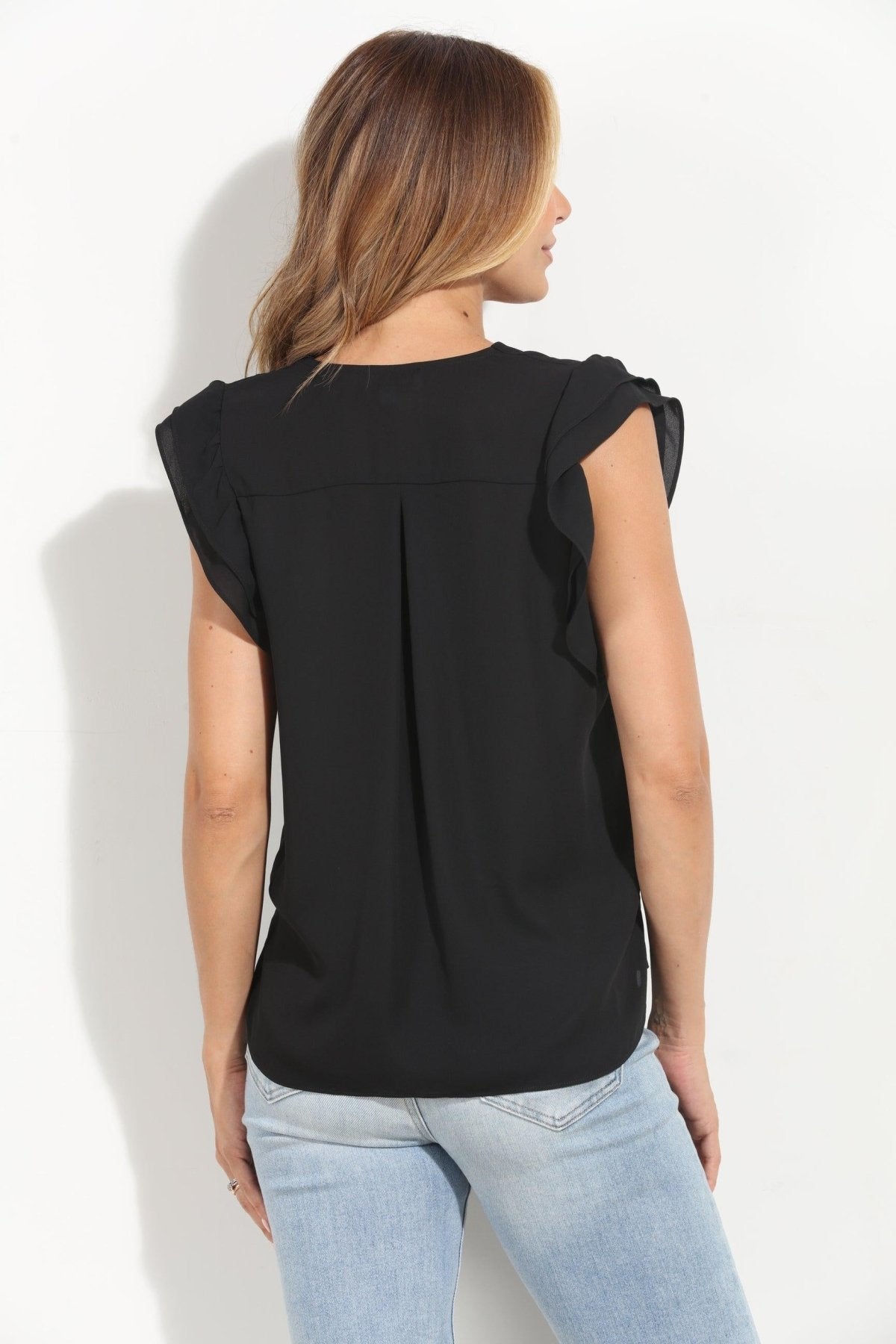 Black V-Neck Ruffle Blouse-BEST SELLER