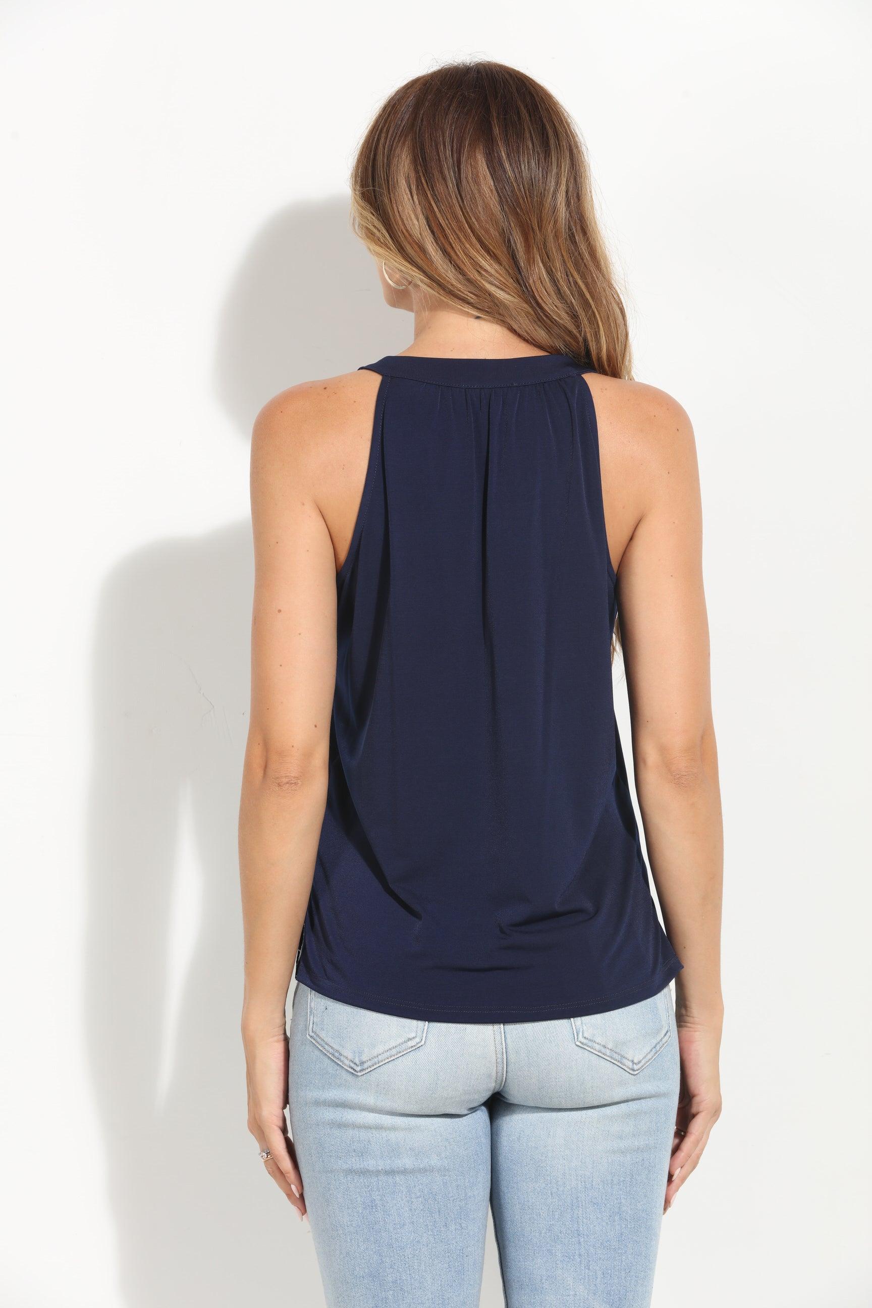Navy ITY Split Neck Top-BEST SELLER
