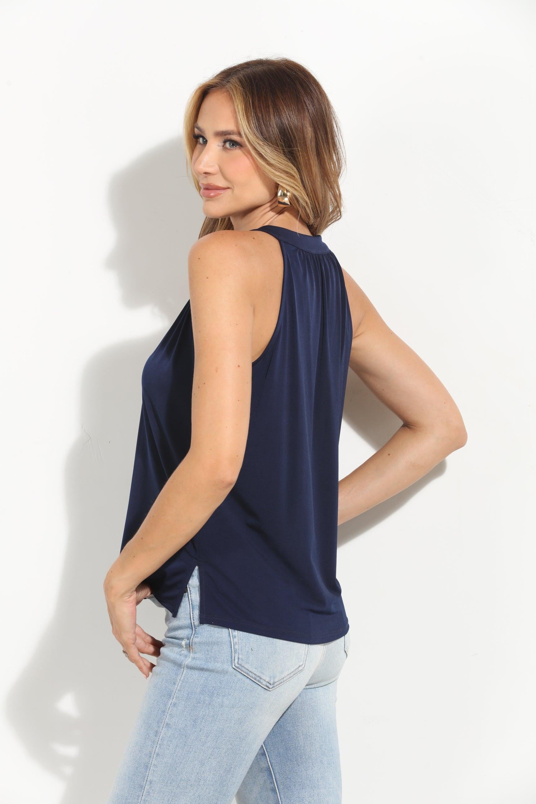 Navy ITY Split Neck Top-BEST SELLER
