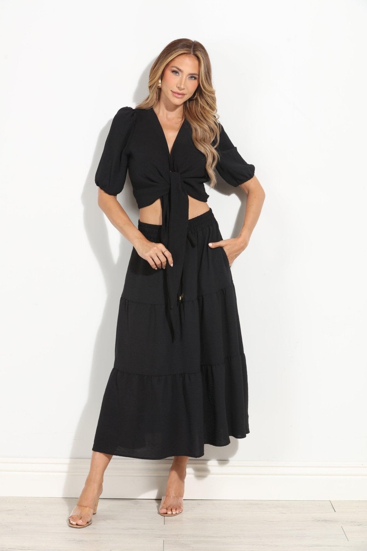 Black Airflow Cropped Blouse w/ Ties