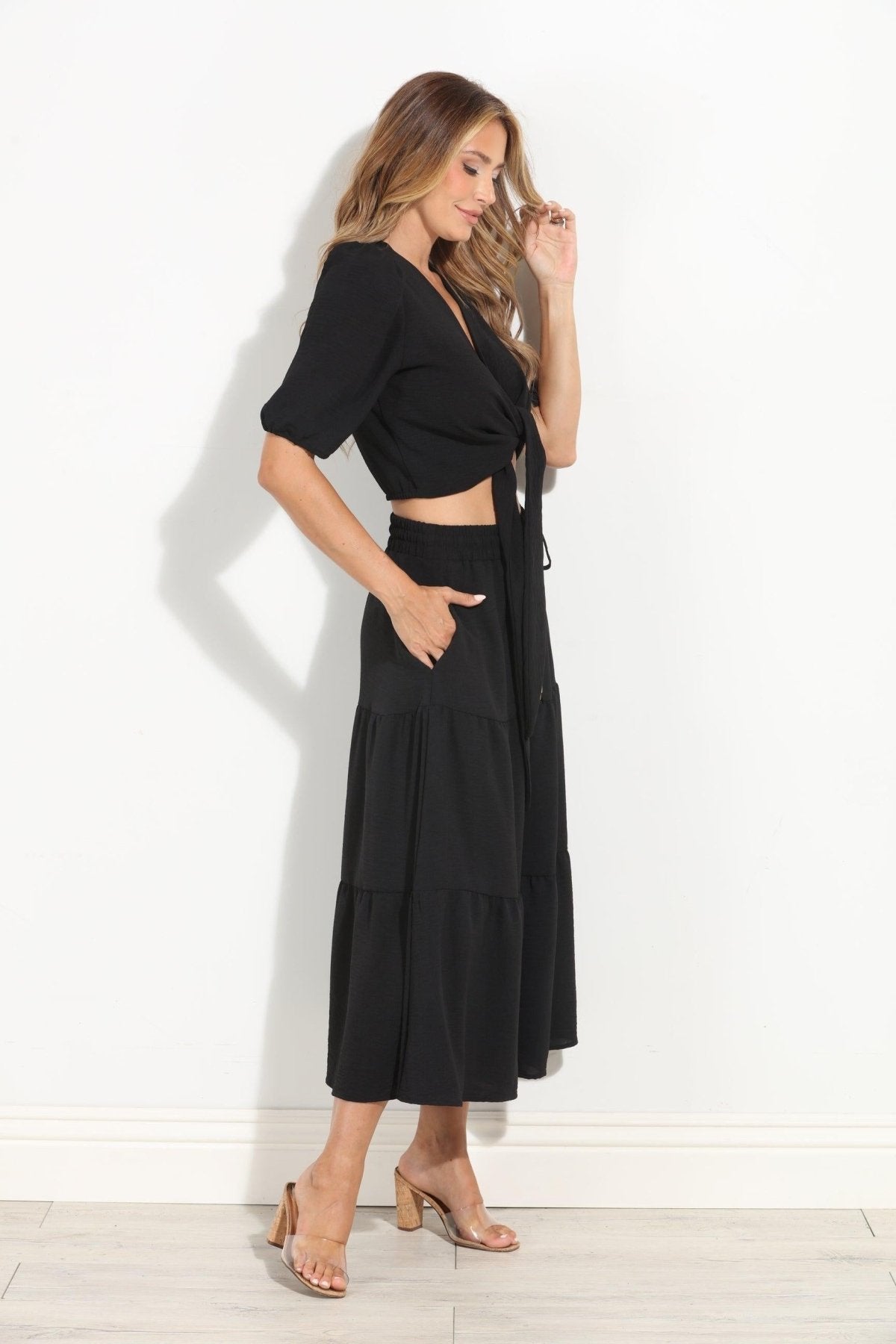 Black Airflow Cropped Blouse w/ Ties