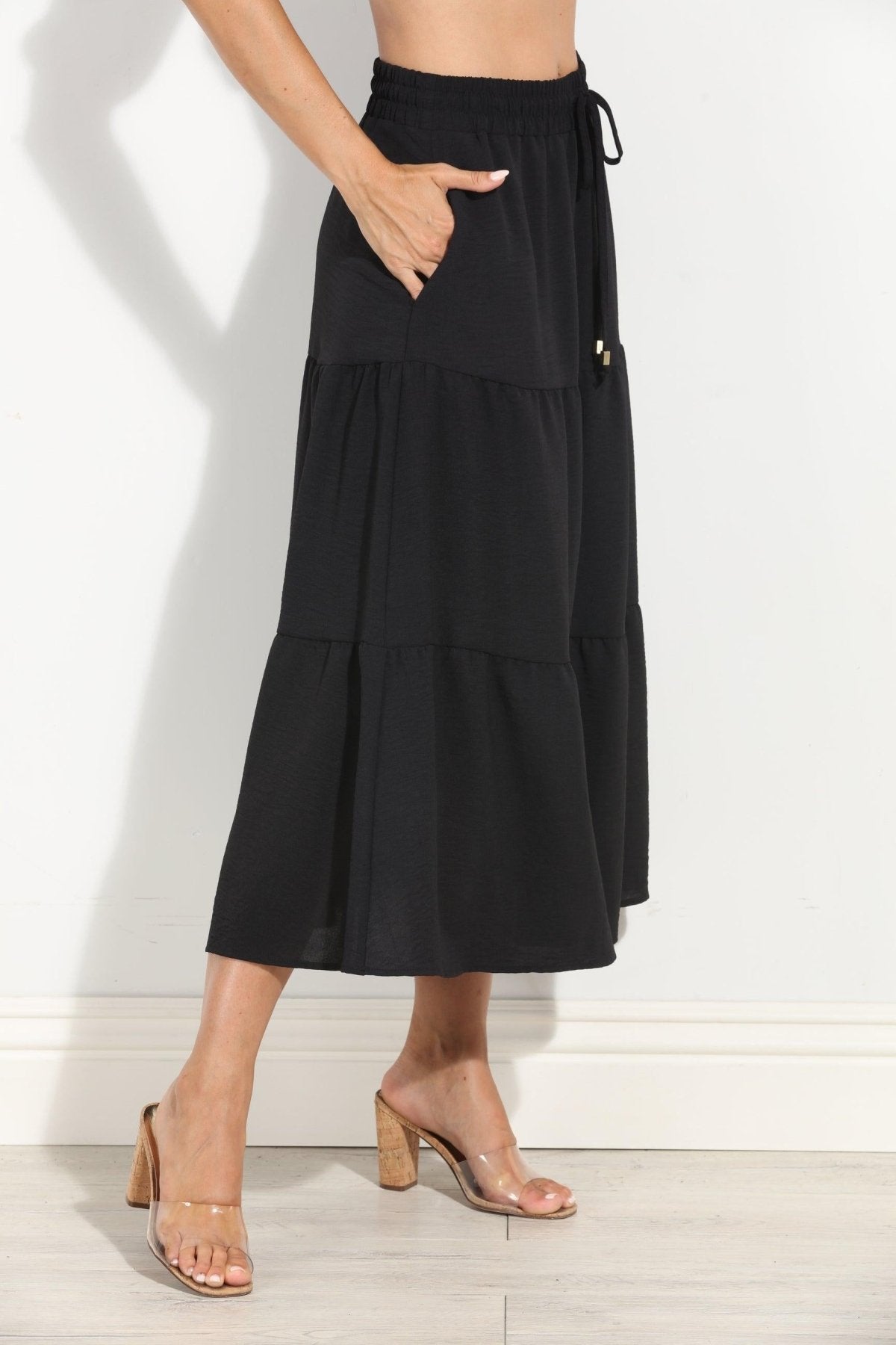 Black Airflow Tiered Midi Skirt-BEST SELLER