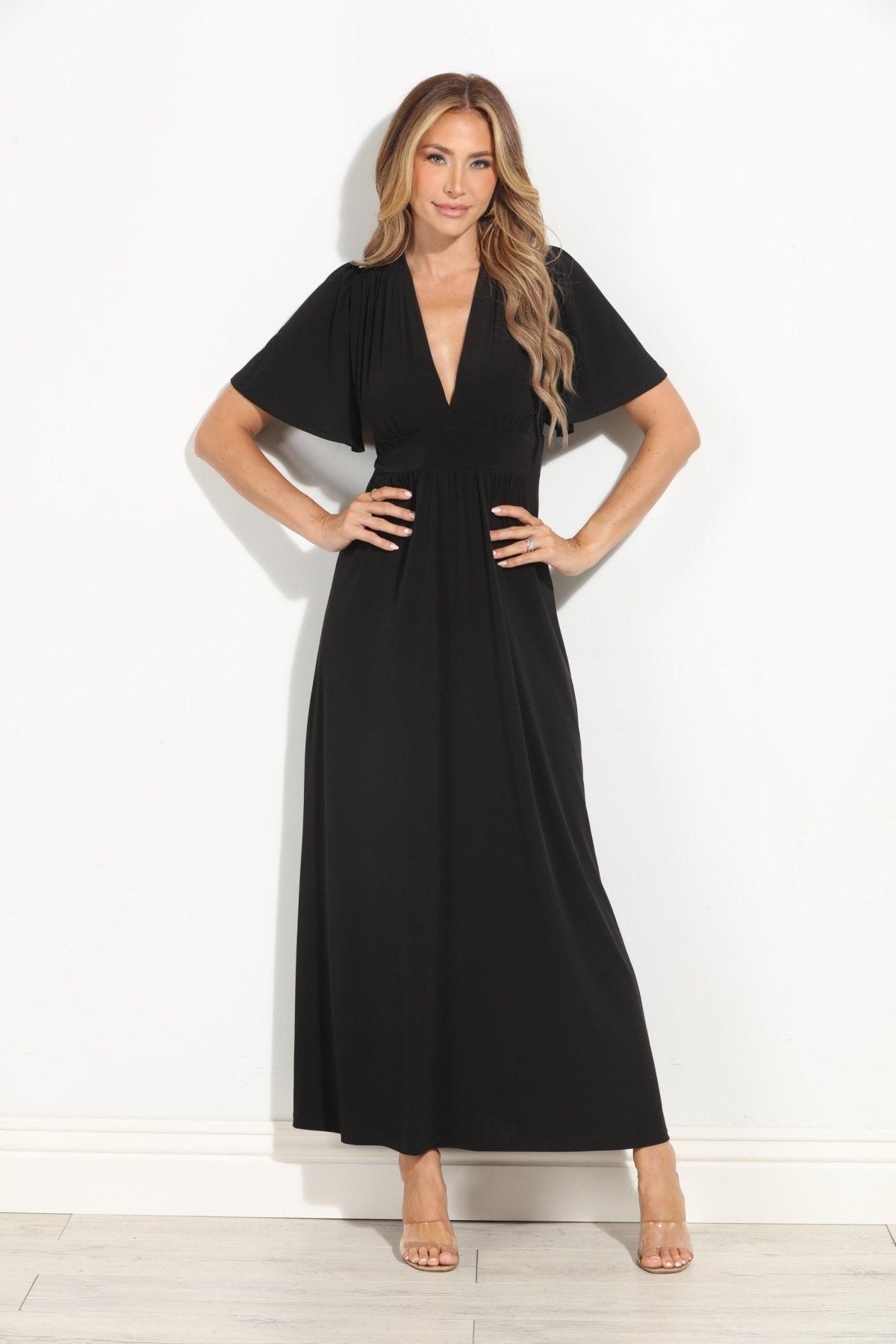 Black Stretch Deep V Flutter Sleeve Maxi Dress-BEST SELLER M Black Stretch Deep V Flutter Sleeve Maxi Dress-BEST SELLER M