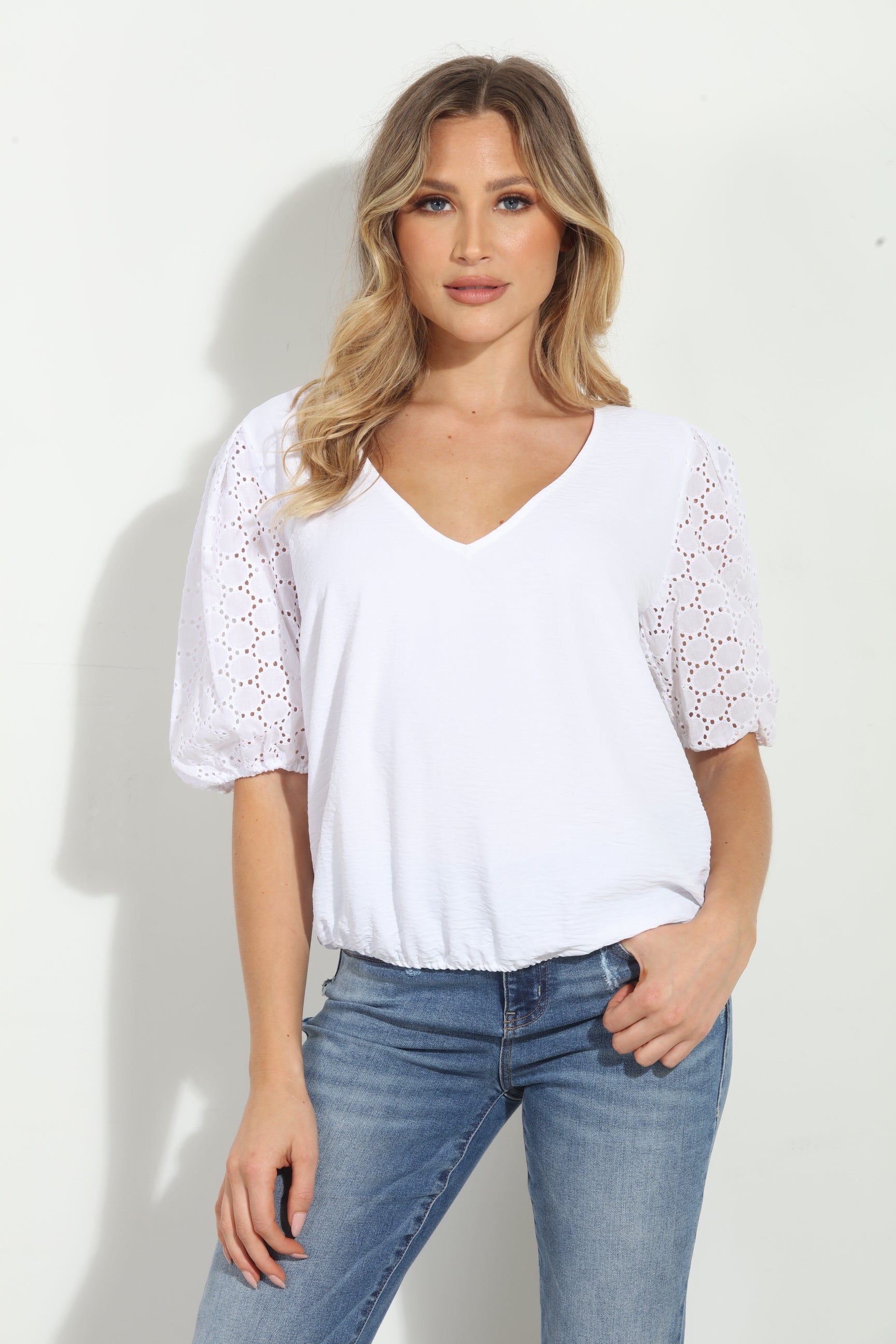 White Airflow Eyelet Puff Top