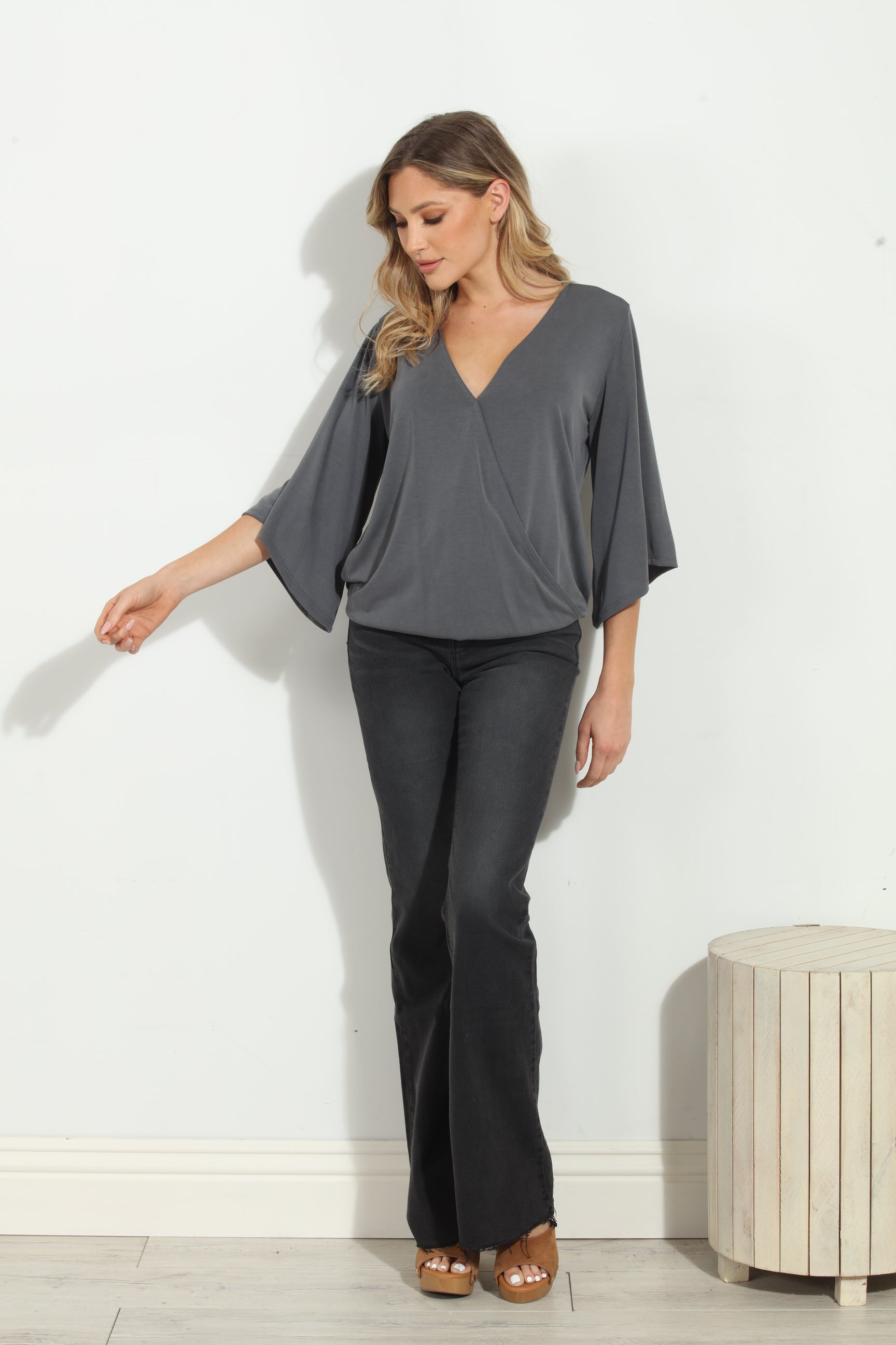 Charcoal Cupro Surplice Top-BEST SELLER