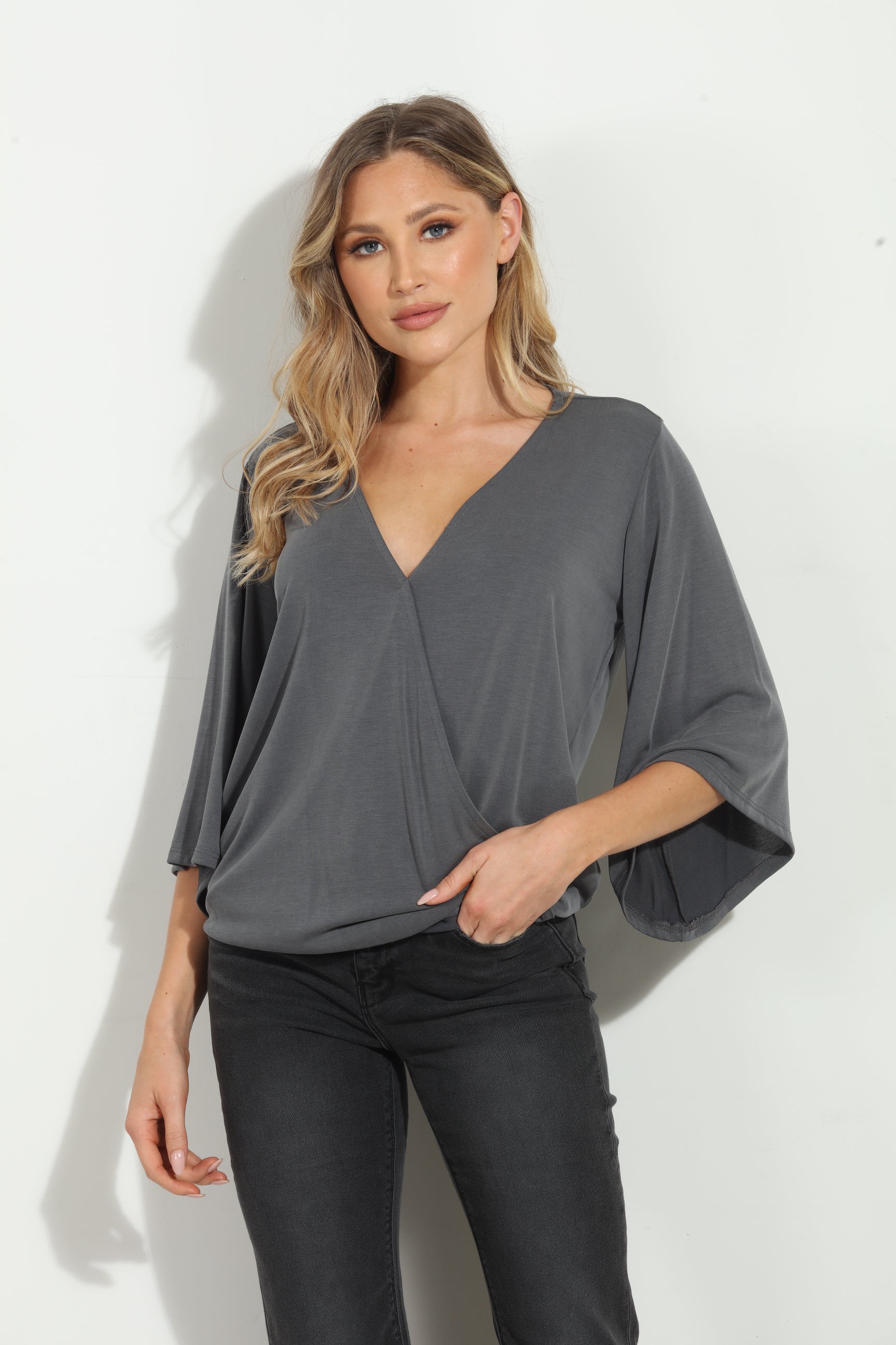Charcoal Cupro Surplice Top-BEST SELLER