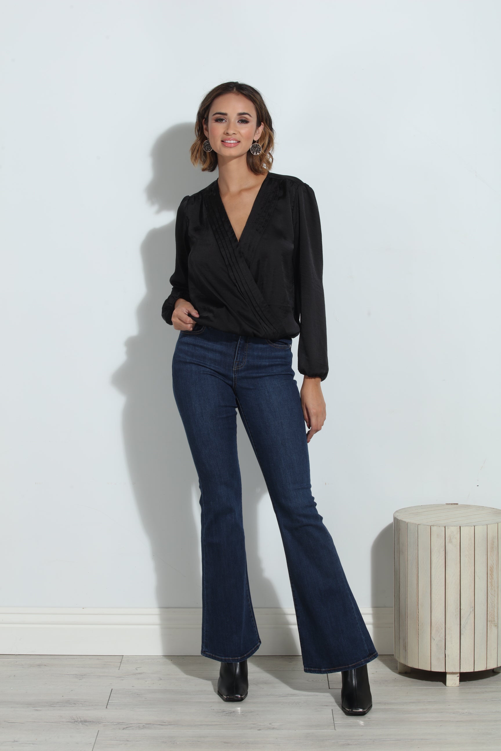 Black Satin Surplice Pleated Top