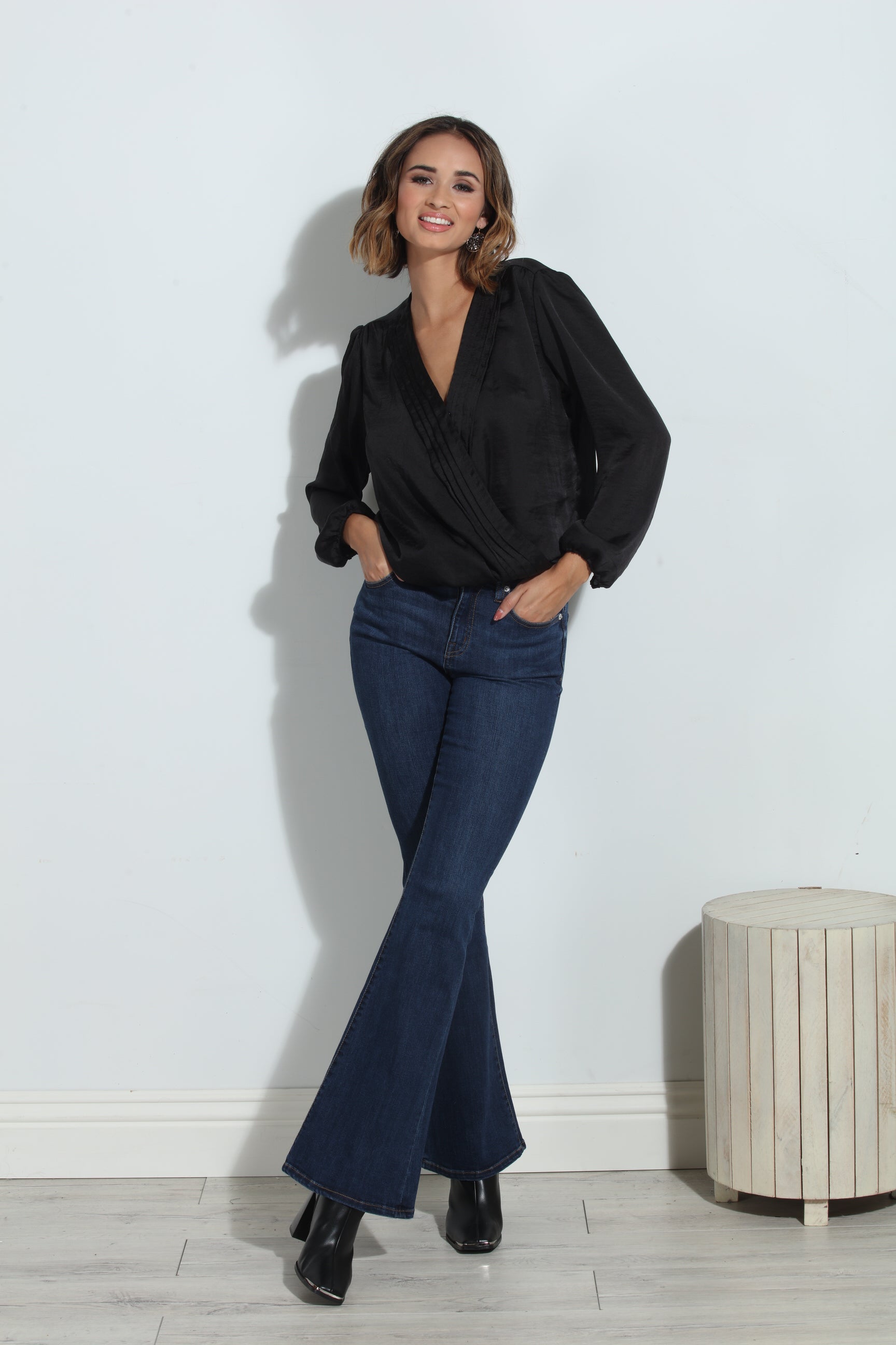 Black Satin Surplice Pleated Top