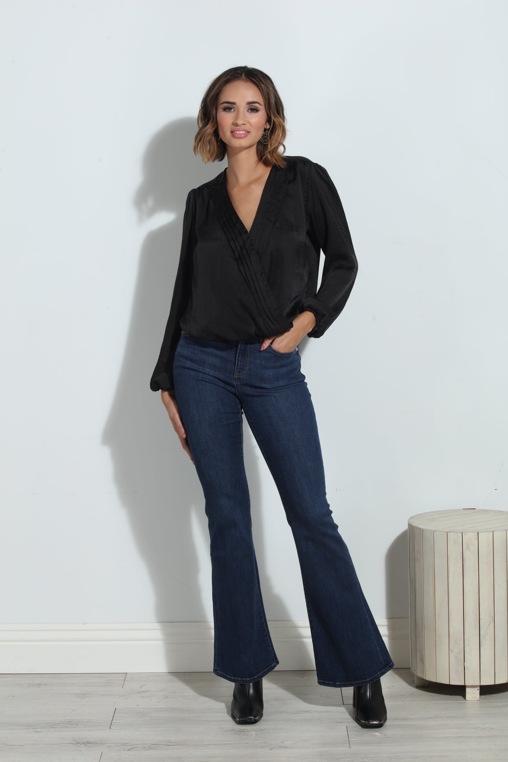 Black Satin Surplice Pleated Top