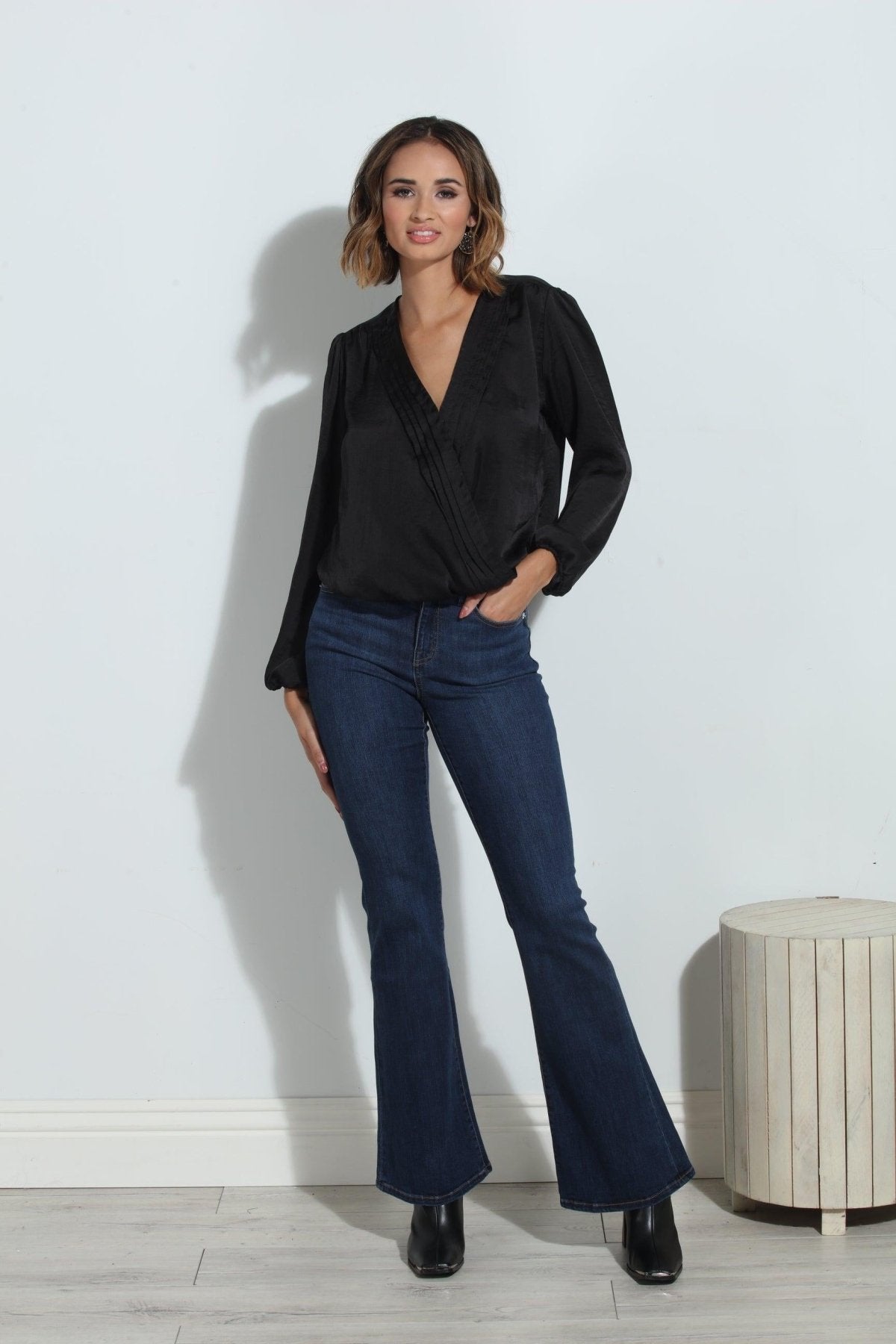 Black Satin Surplice Pleated Top