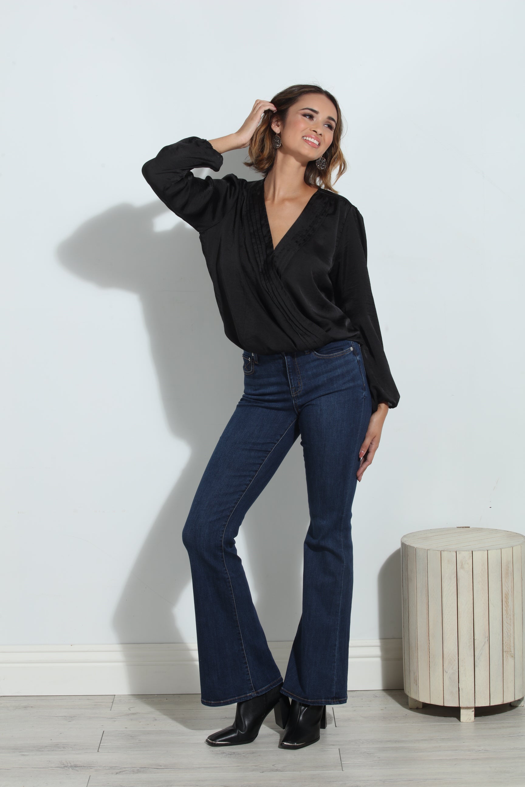 Black Satin Surplice Pleated Top
