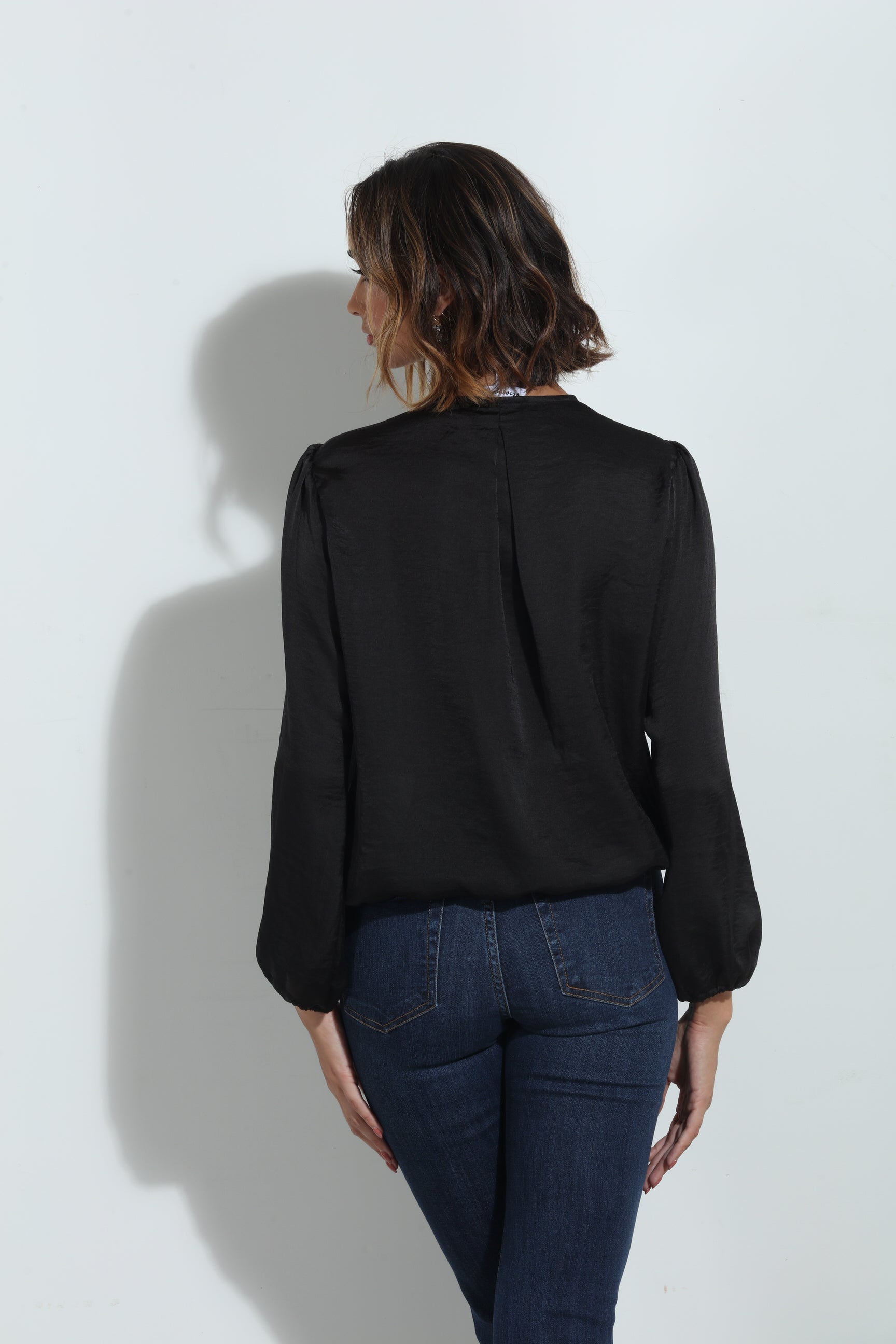 Black Satin Surplice Pleated Top