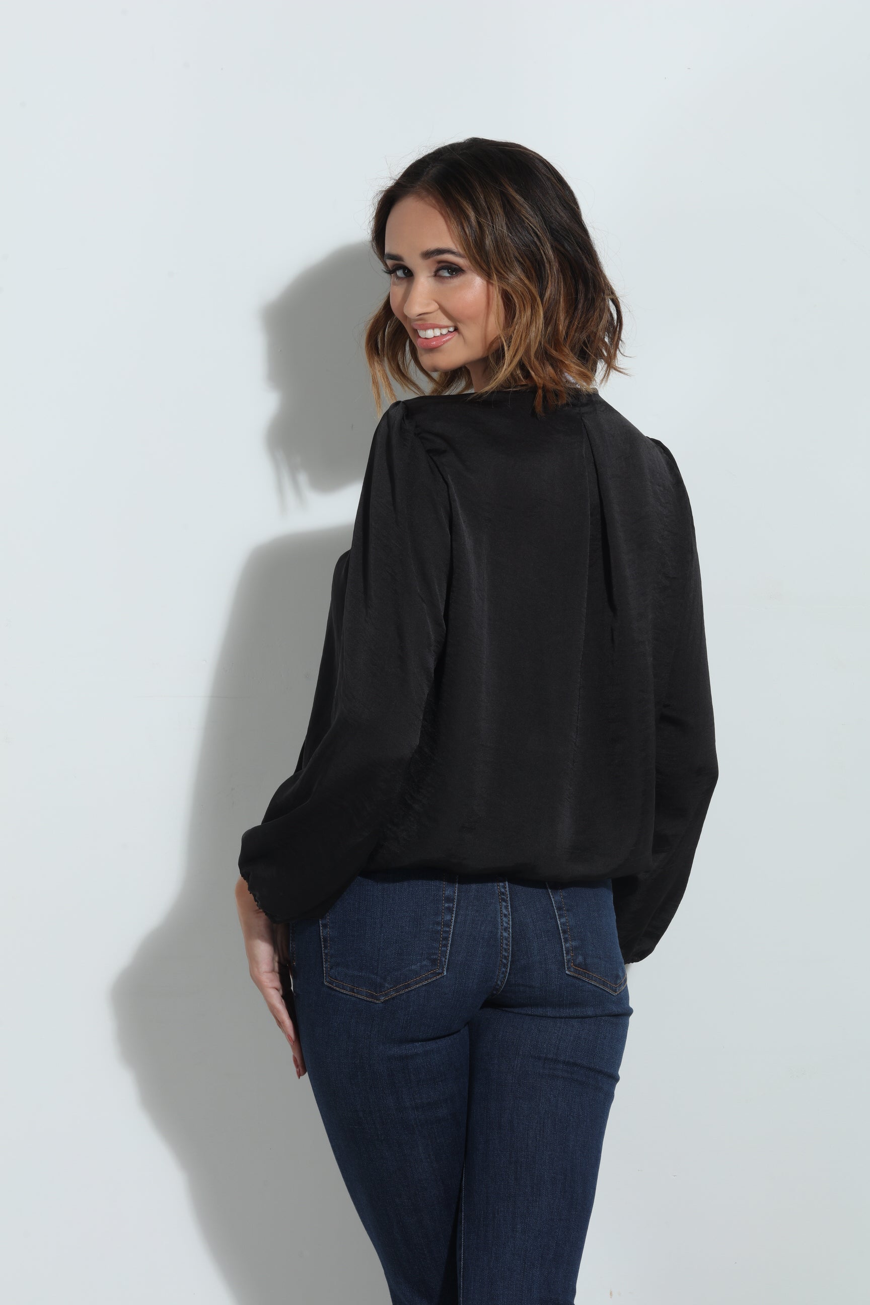 Black Satin Surplice Pleated Top