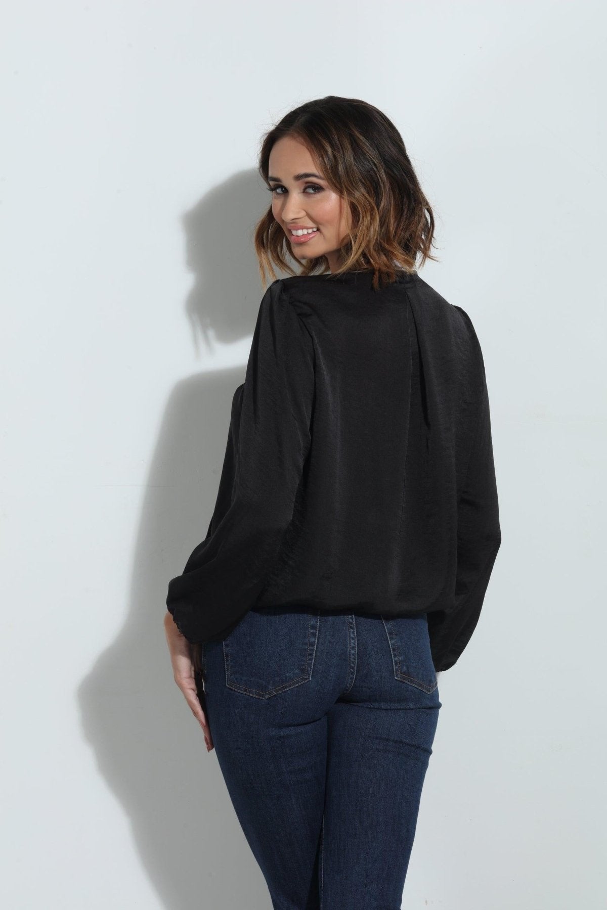 Black Satin Surplice Pleated Top