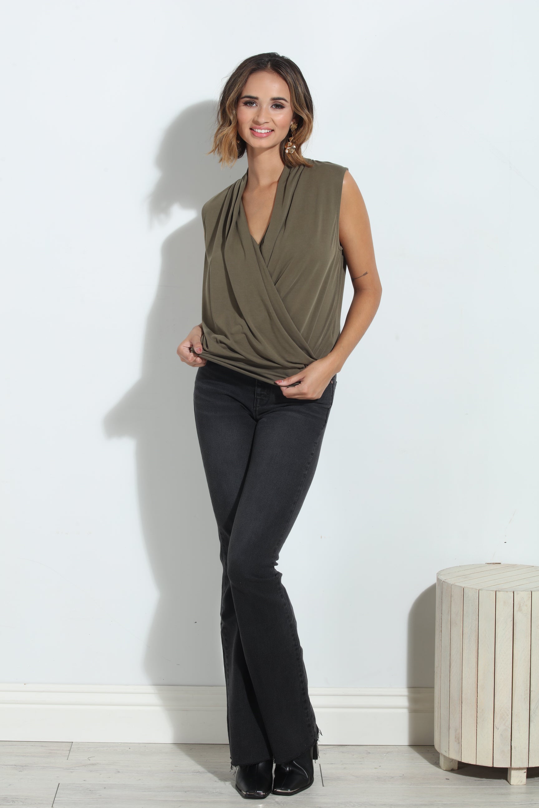 Olive Cupro Banded Surplice Tank-BEST SELLER