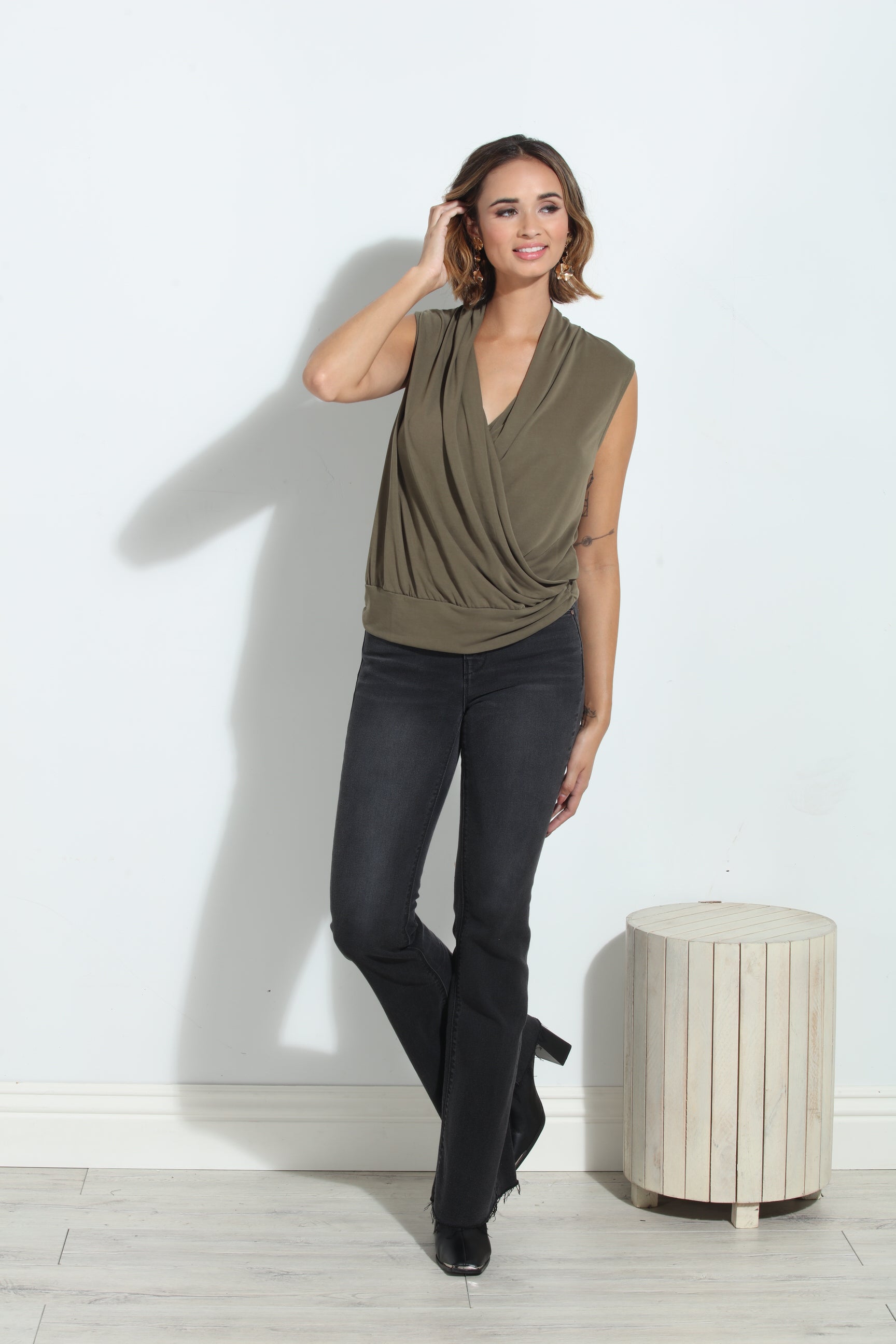 Olive Cupro Banded Surplice Tank-BEST SELLER