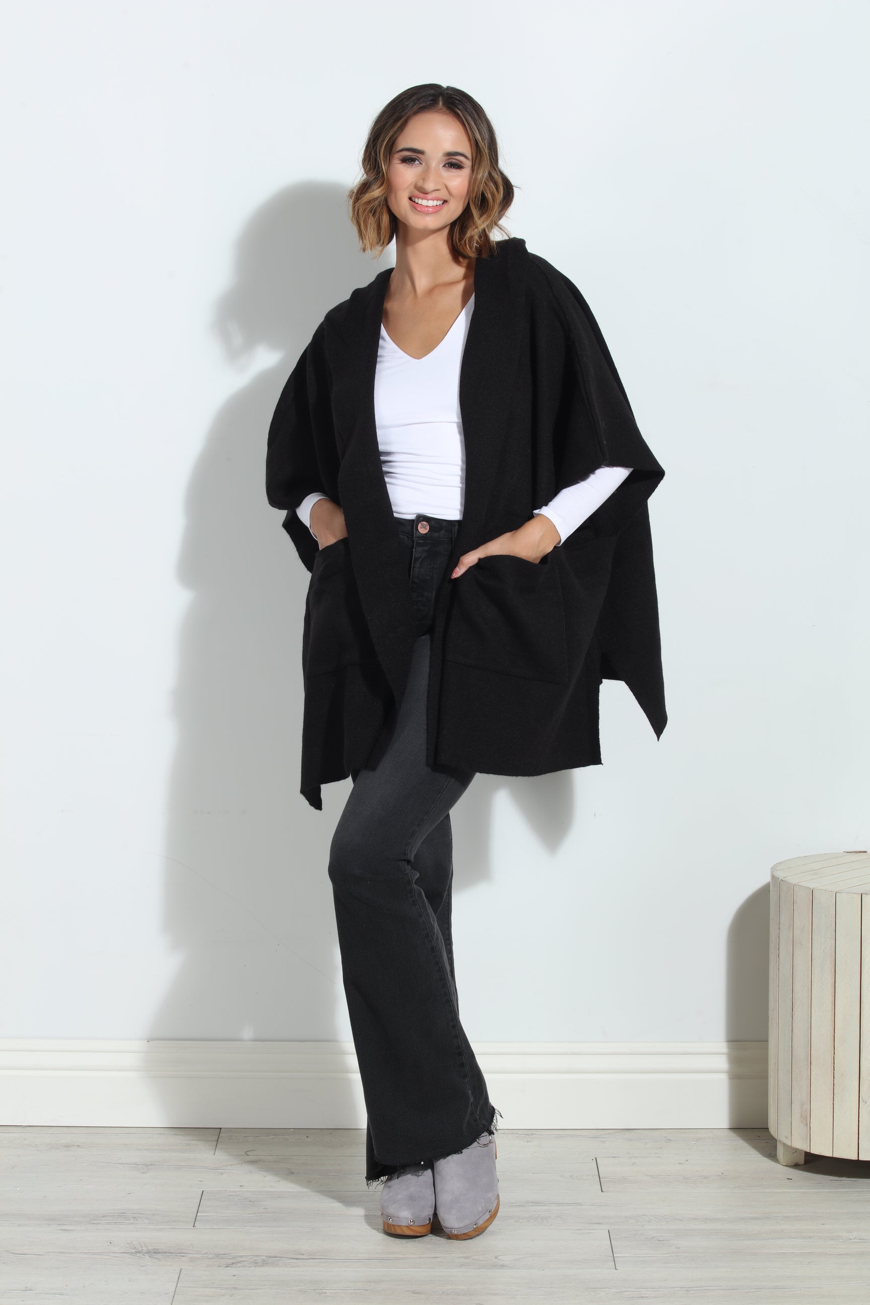 Black Cozy Hooded Poncho