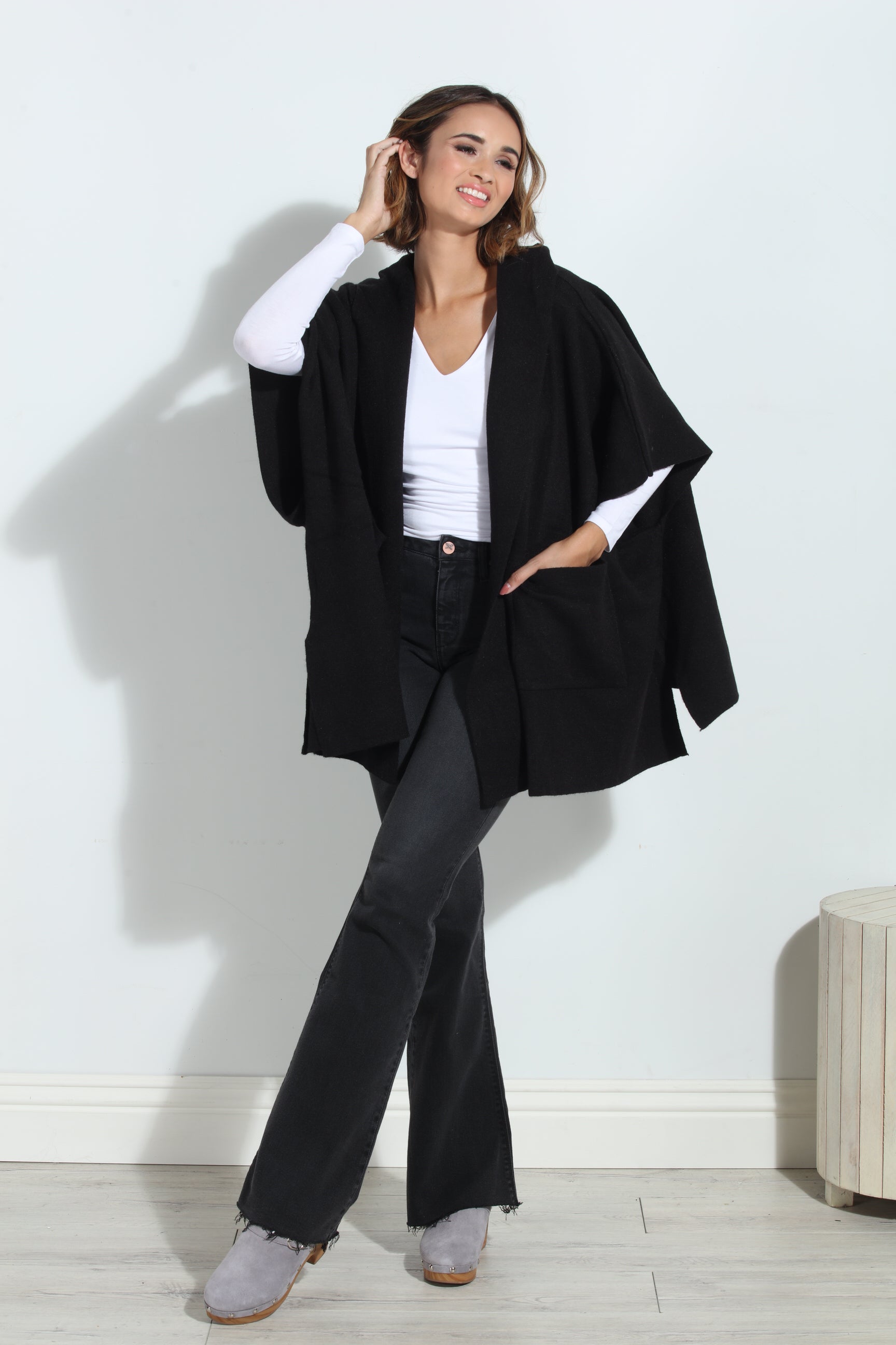 Black Cozy Hooded Poncho