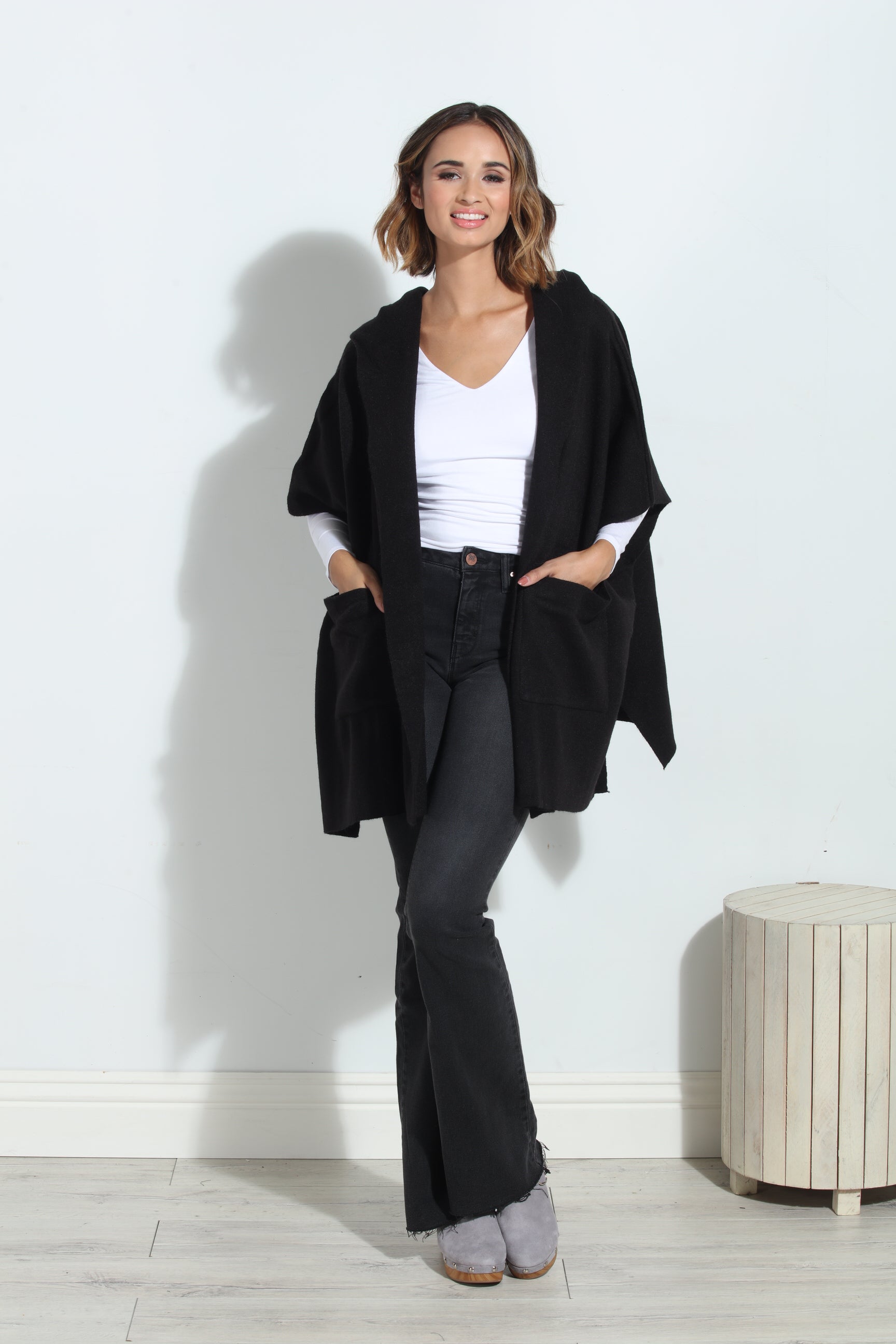 Black Cozy Hooded Poncho