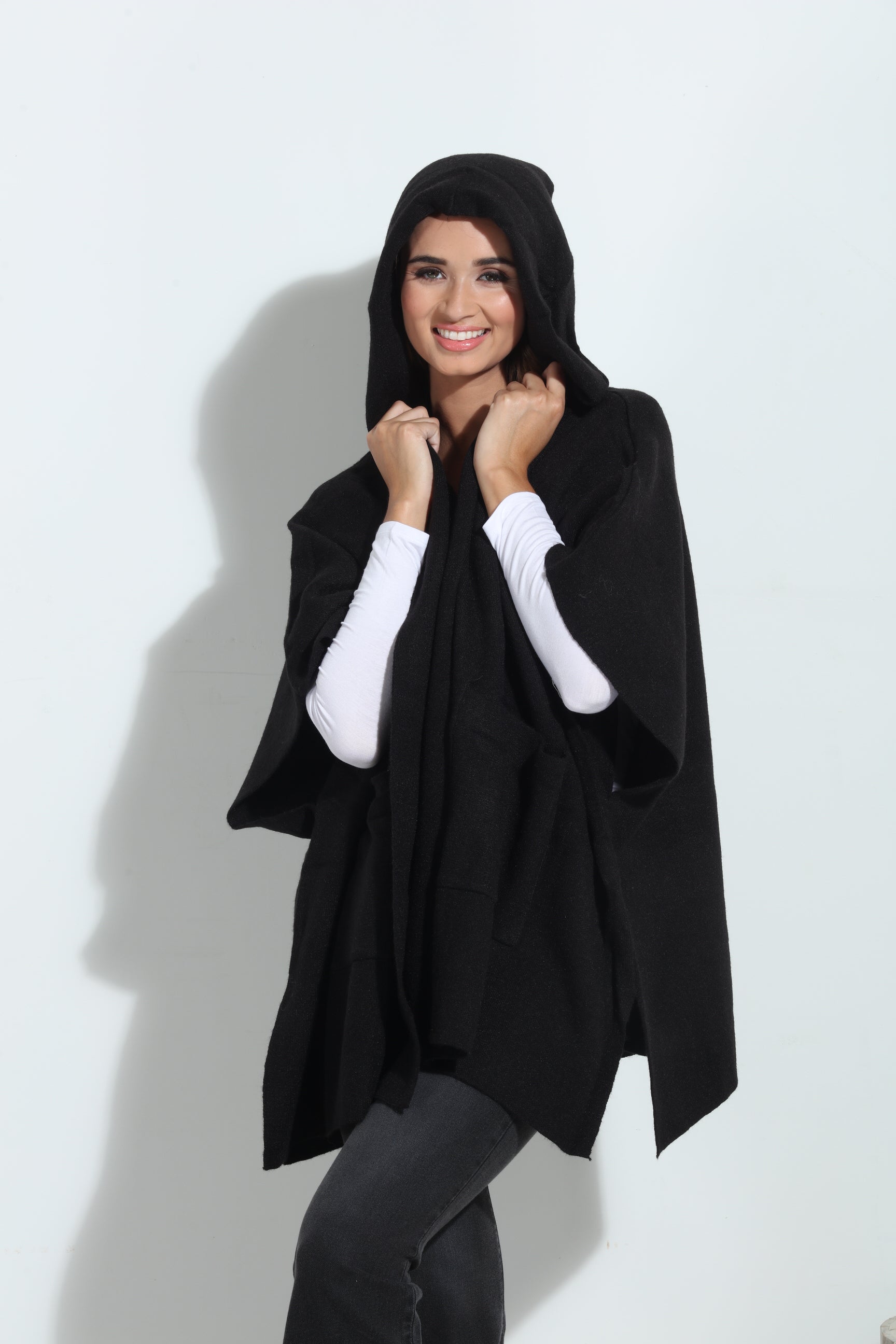 Black Cozy Hooded Poncho