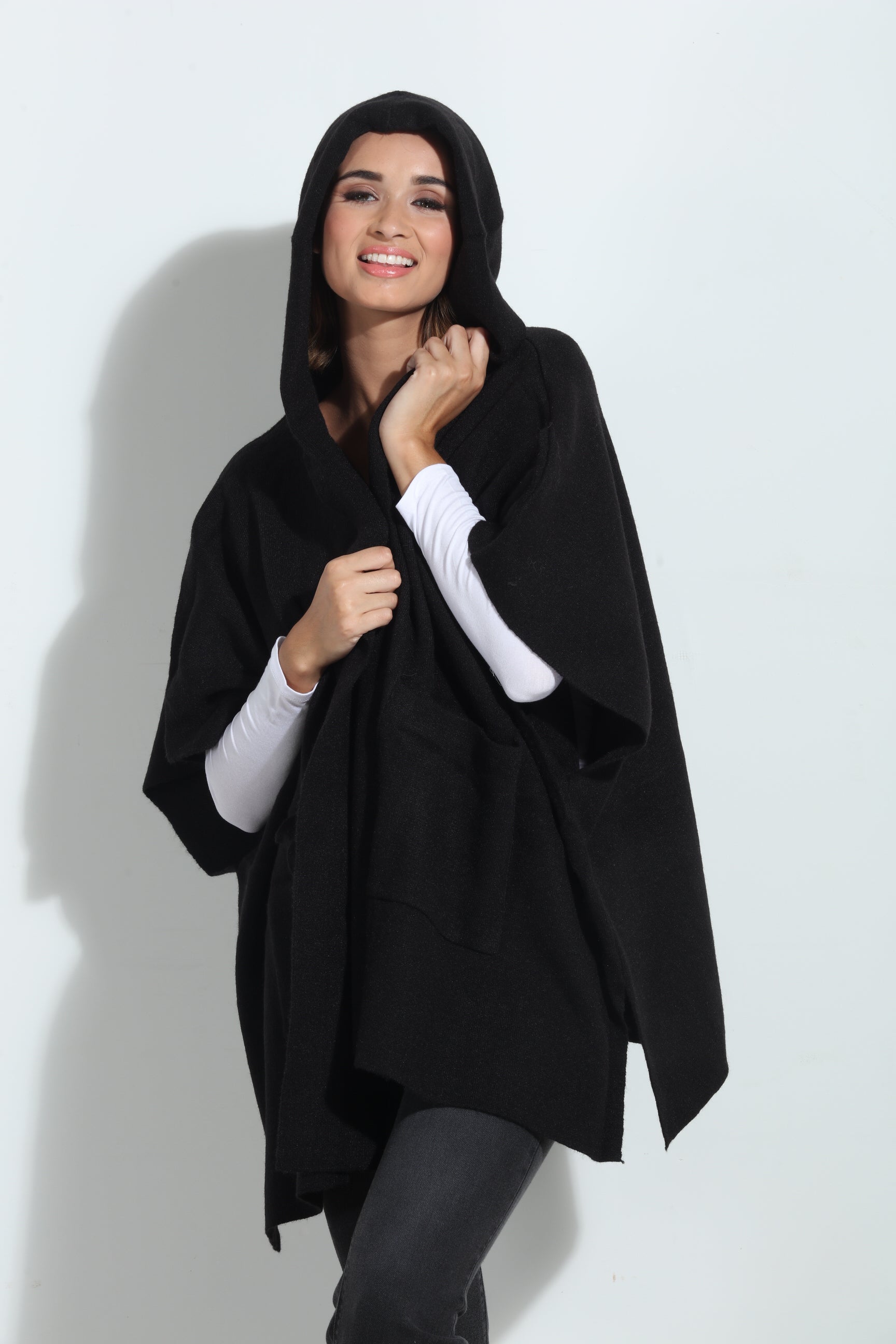Black Cozy Hooded Poncho