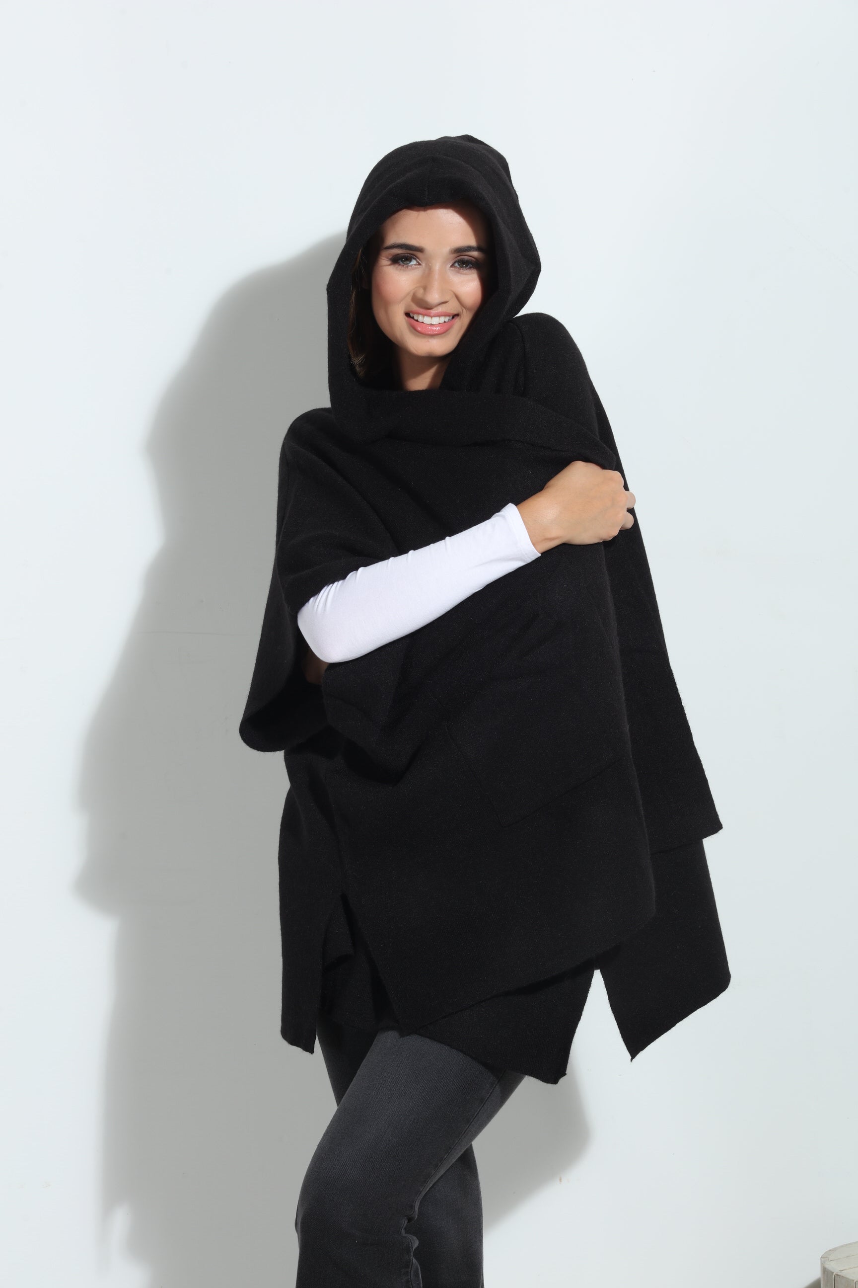 Black Cozy Hooded Poncho