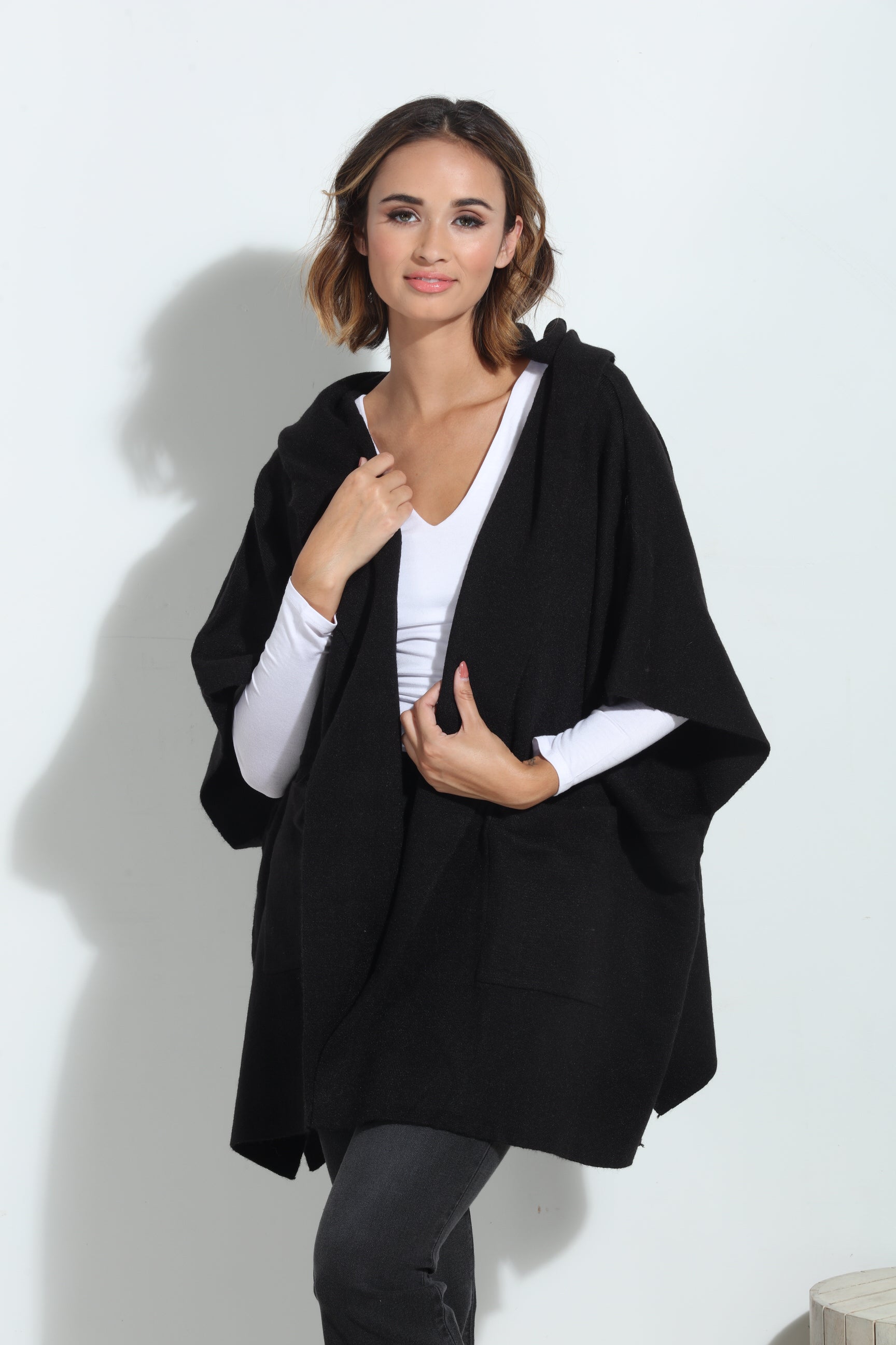 Black Cozy Hooded Poncho
