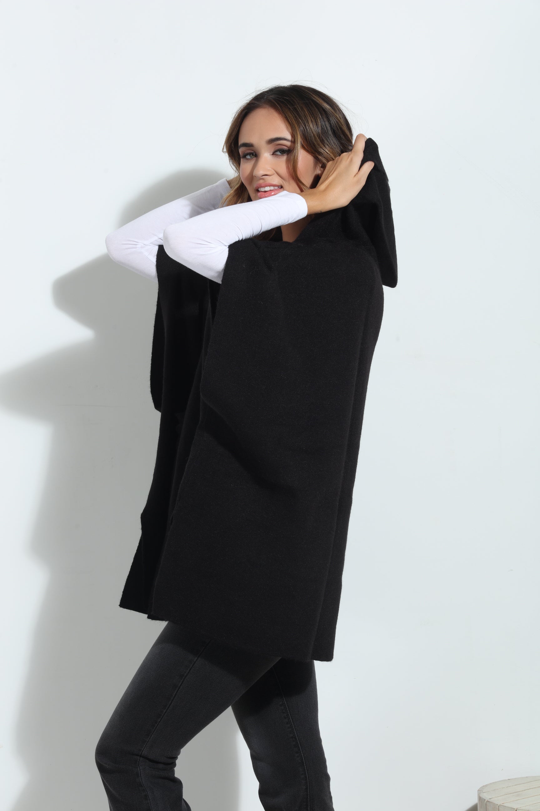 Black Cozy Hooded Poncho