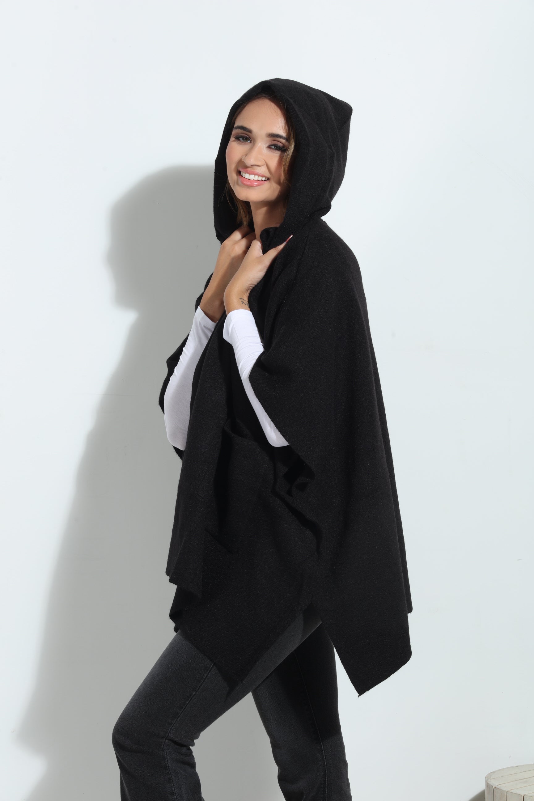 Black Cozy Hooded Poncho