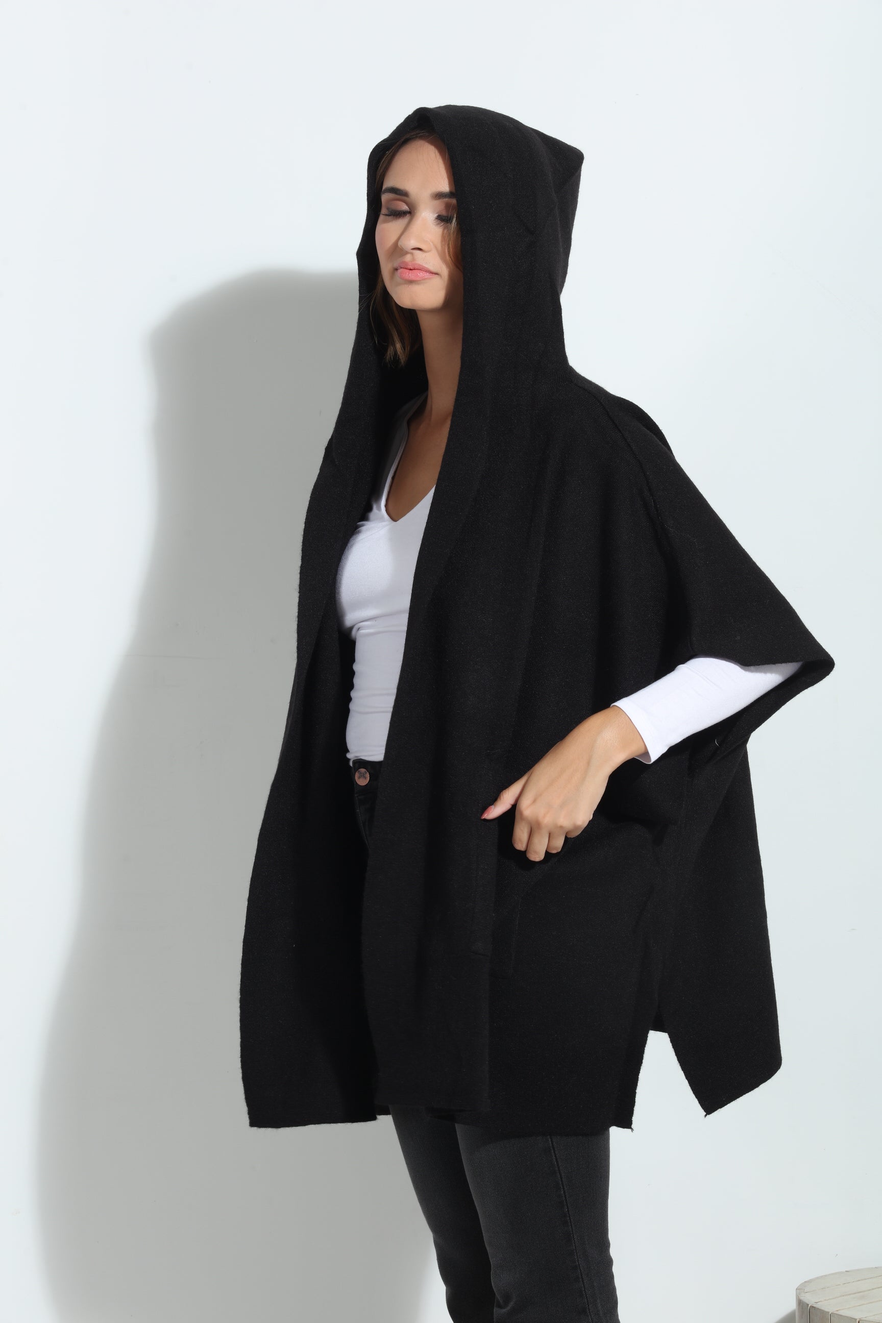 Black Cozy Hooded Poncho