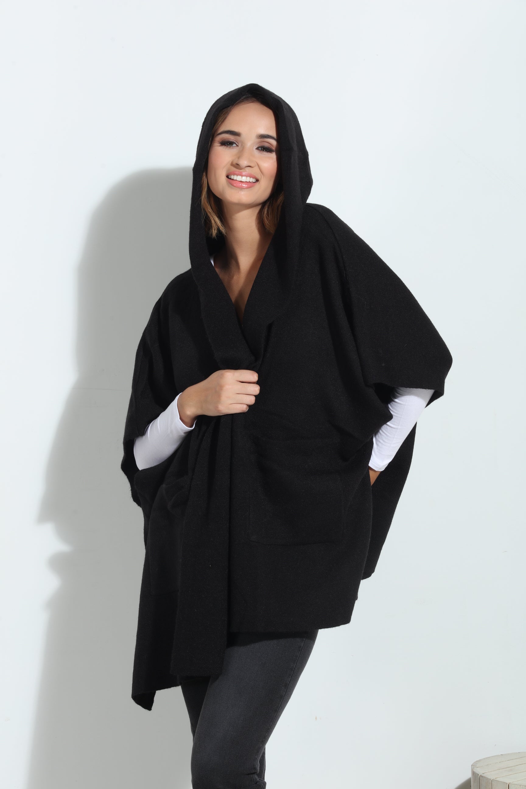 Black Cozy Hooded Poncho