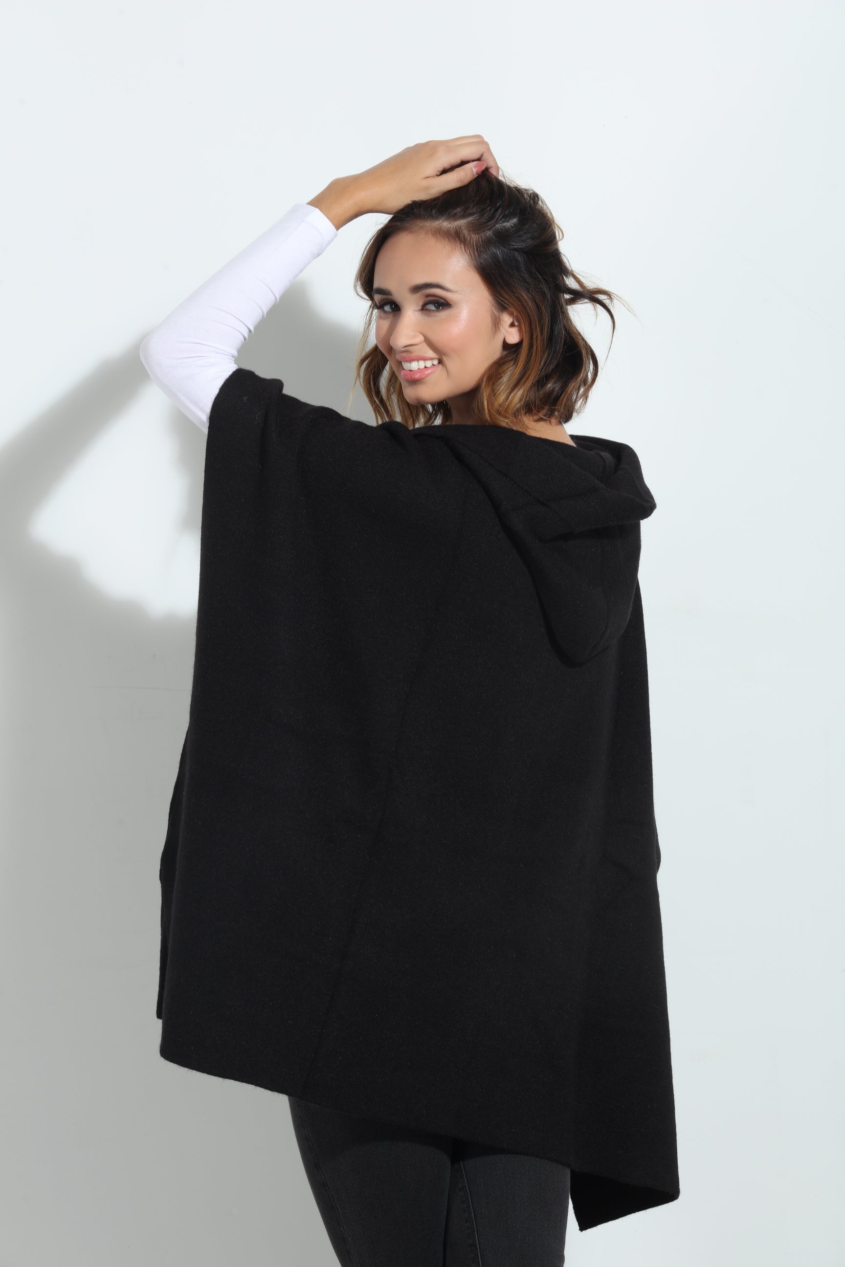 Black Cozy Hooded Poncho