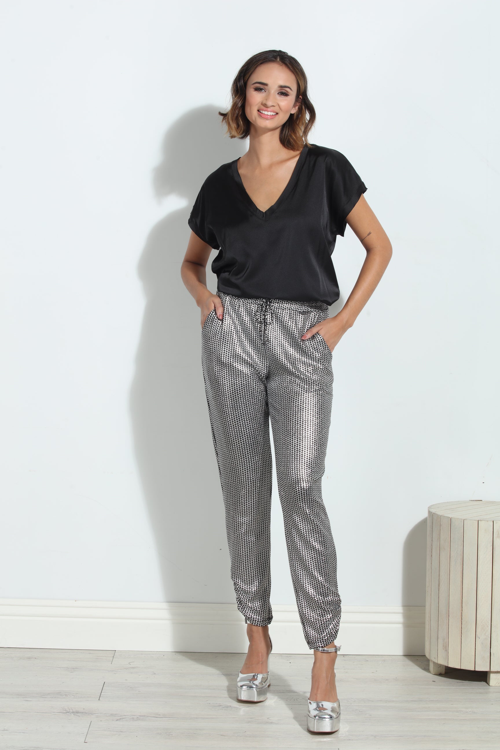 Black V-Neck Satin Tee