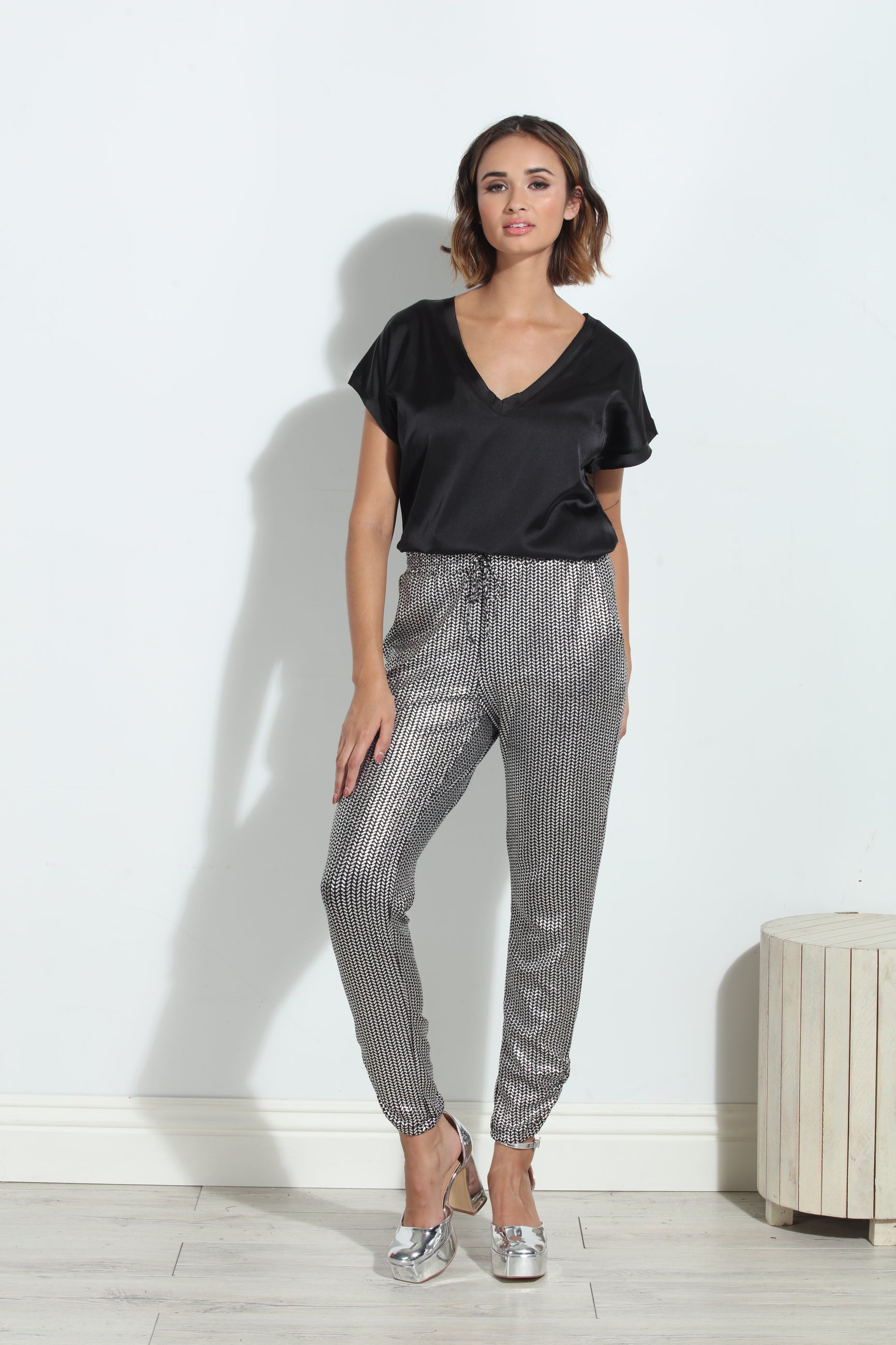 Black V-Neck Satin Tee