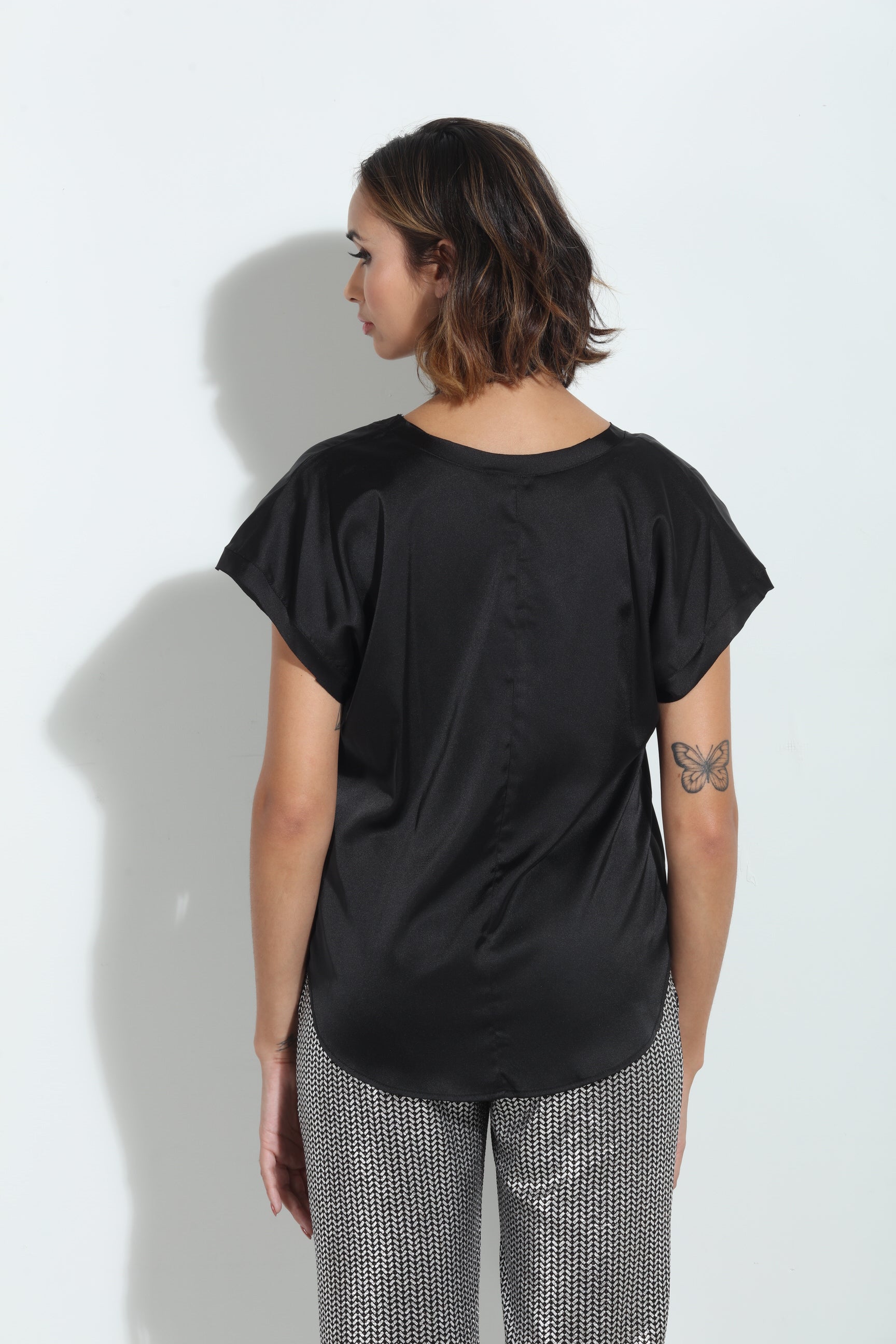 Black V-Neck Satin Tee