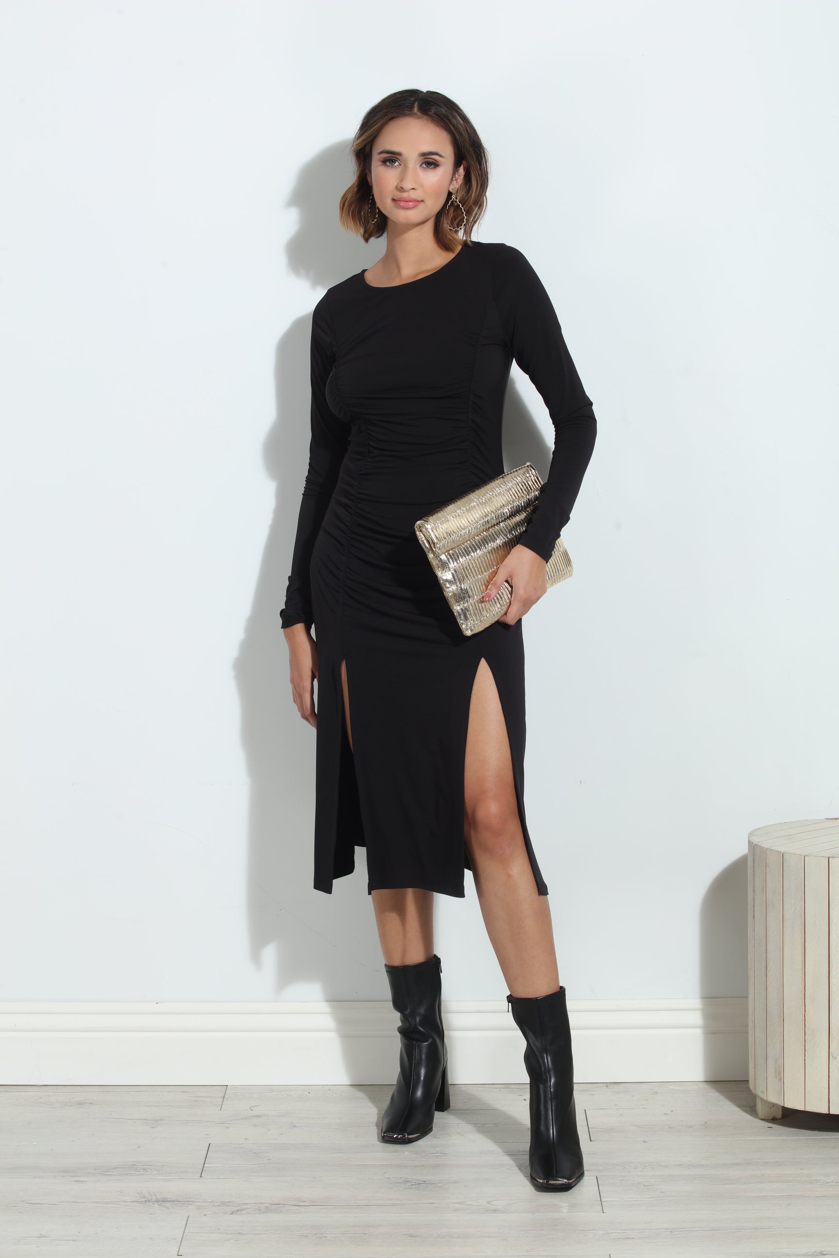 Black ITY Shirred Long Sleeve Dress-BEST SELLER