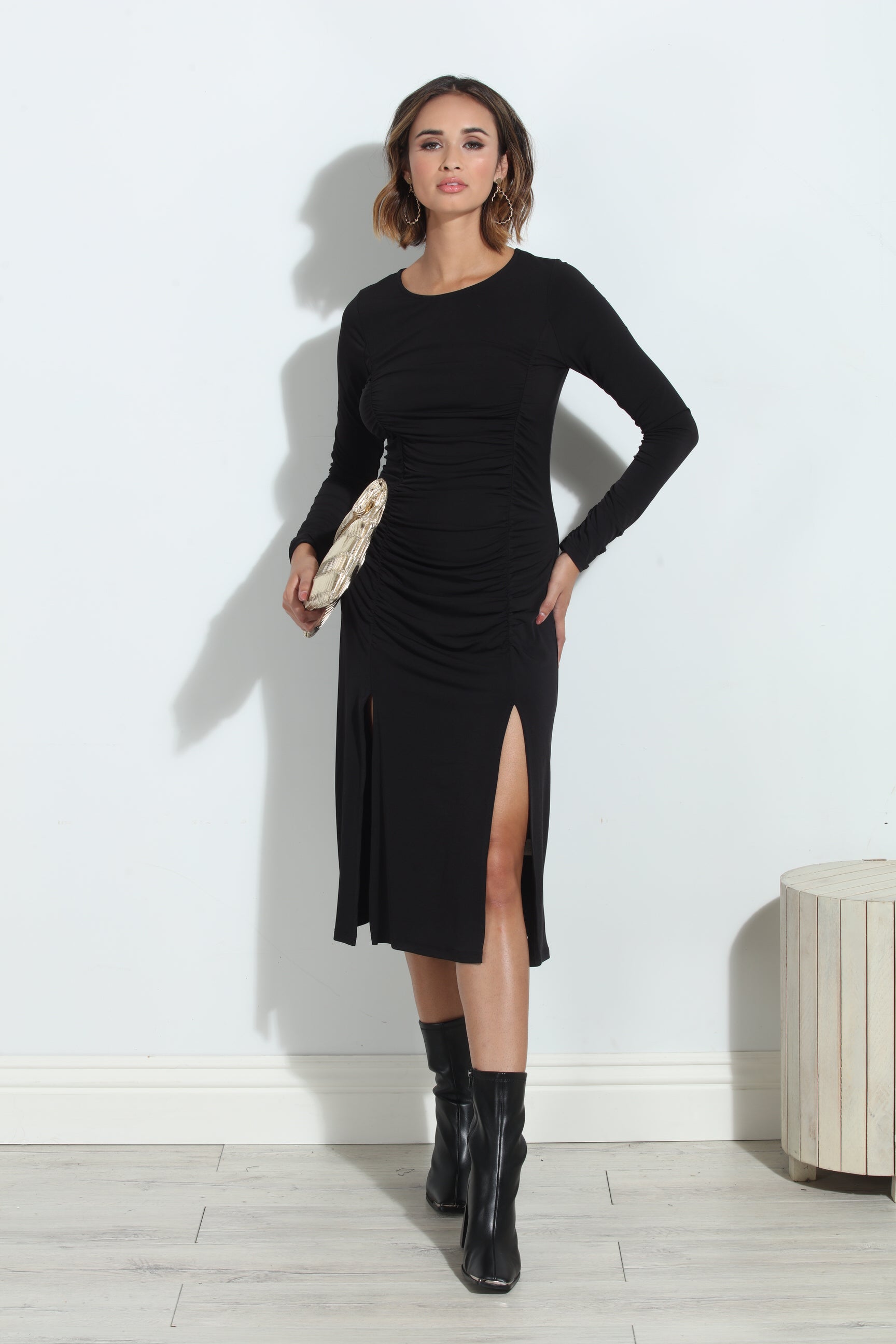 Black ITY Shirred Long Sleeve Dress-BEST SELLER
