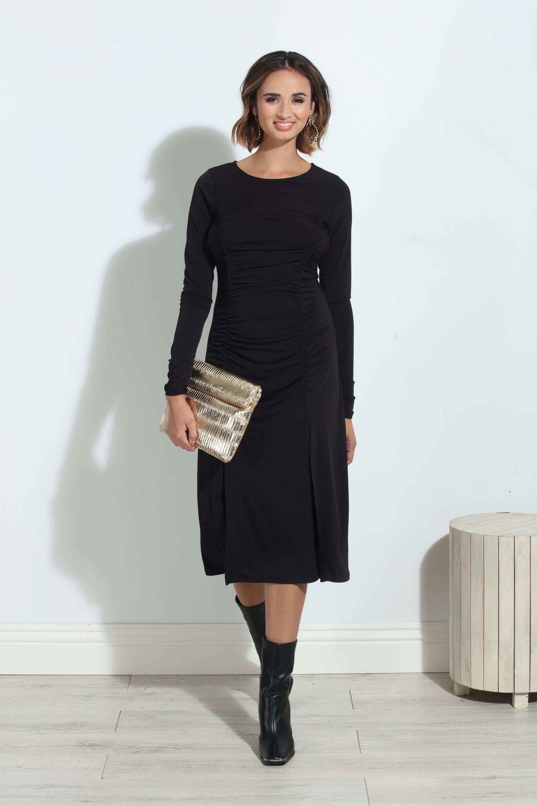 Black ITY Shirred Long Sleeve Dress-BEST SELLER