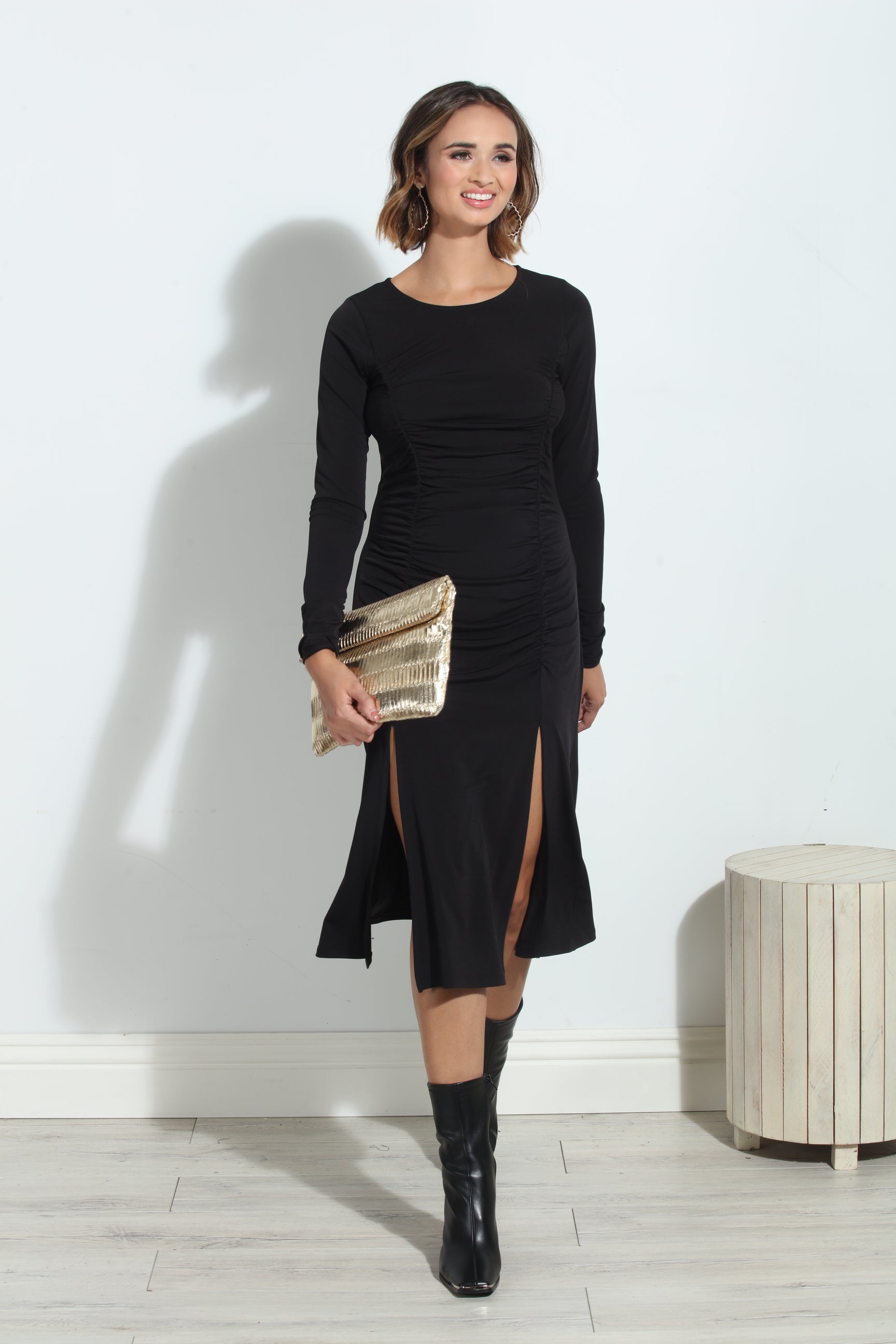 Black ITY Shirred Long Sleeve Dress-BEST SELLER