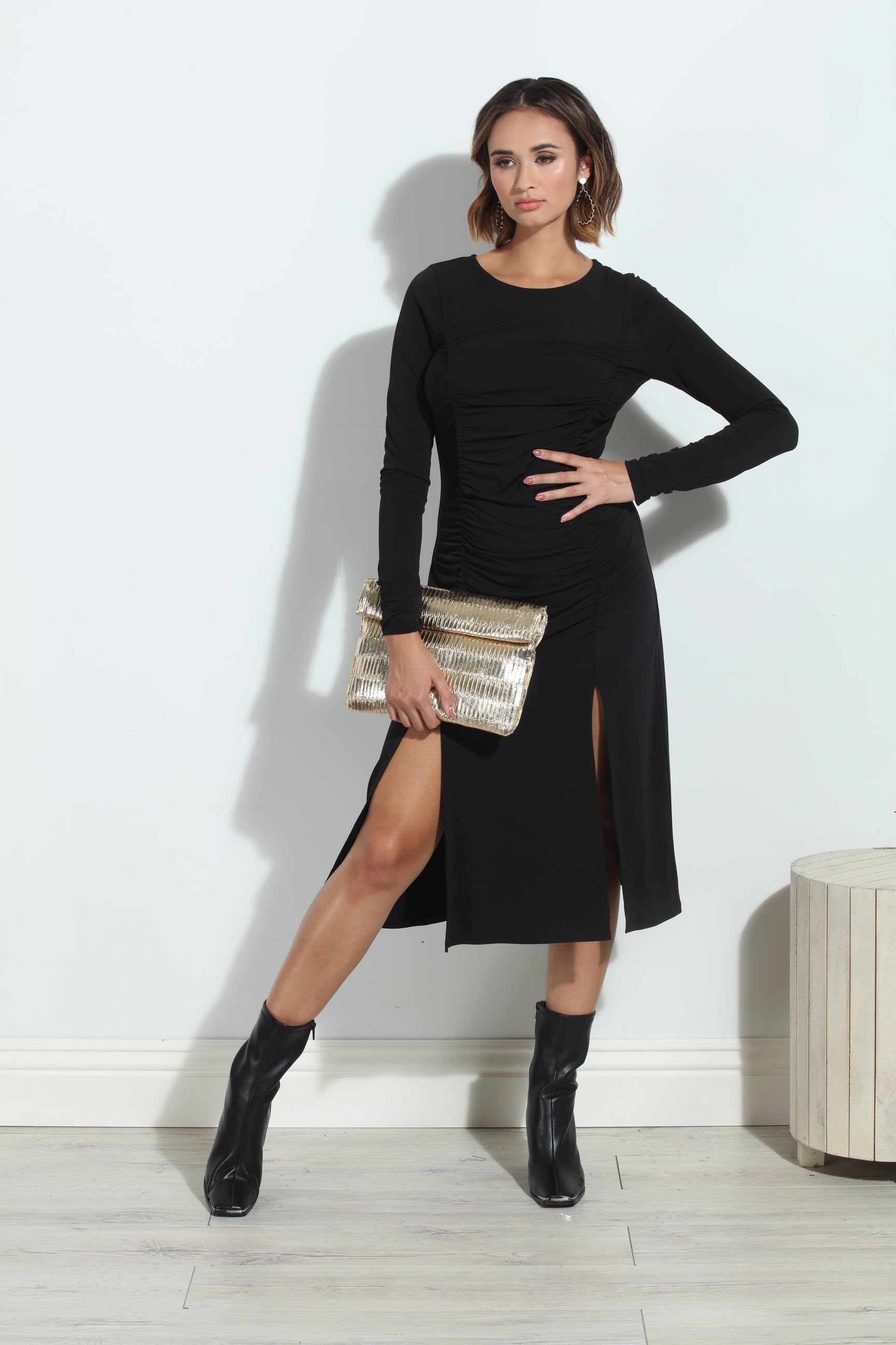 Black ITY Shirred Long Sleeve Dress-BEST SELLER
