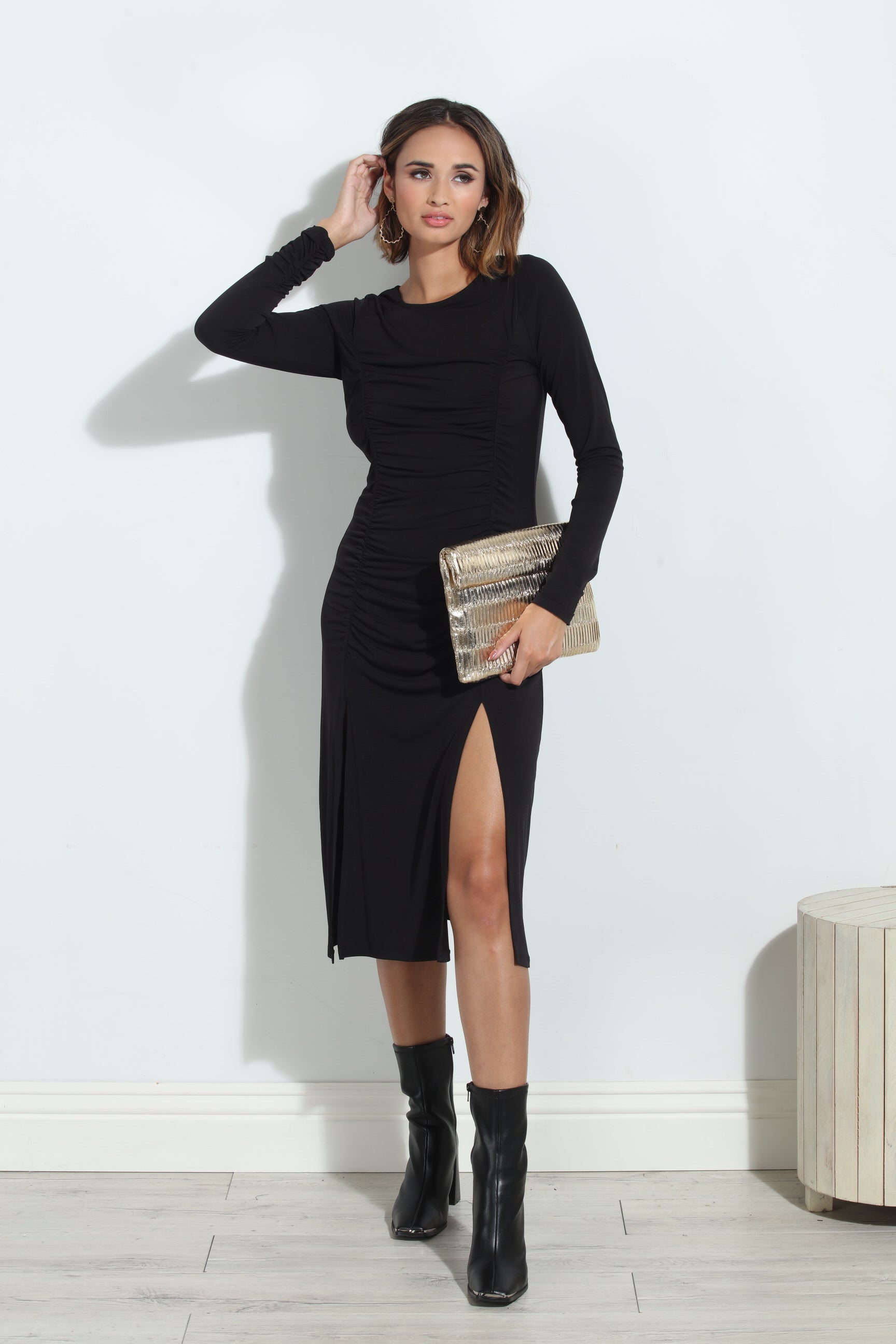 Black ITY Shirred Long Sleeve Dress-BEST SELLER