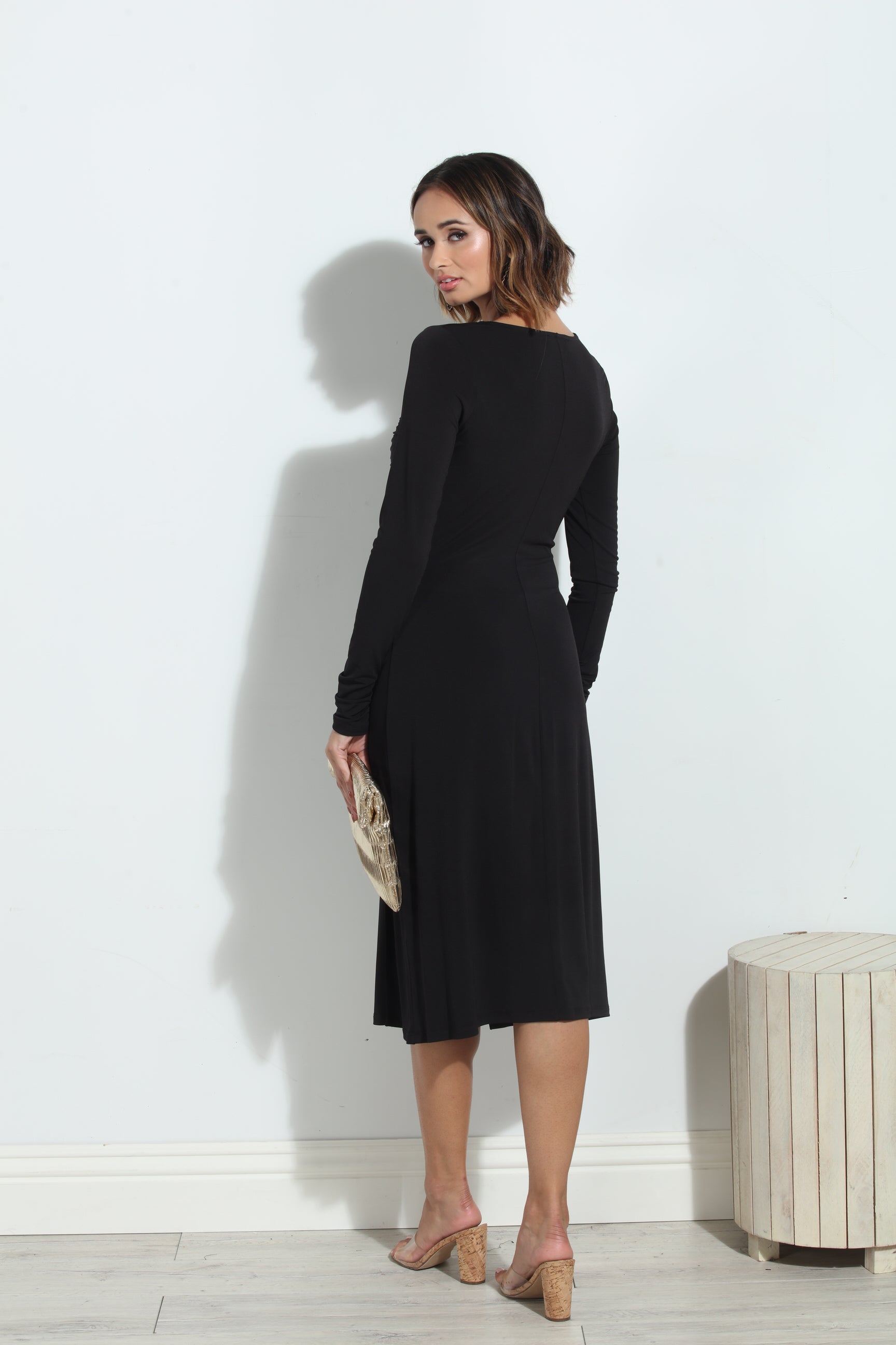 Black ITY Shirred Long Sleeve Dress-BEST SELLER