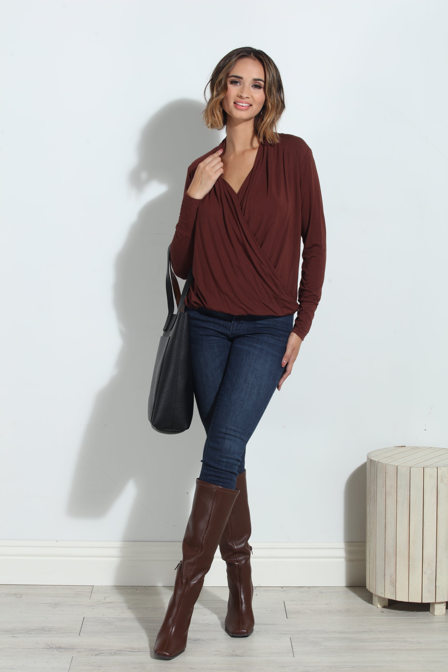 Cocoa Cupro Draped Surplice Top - BEST SELLER