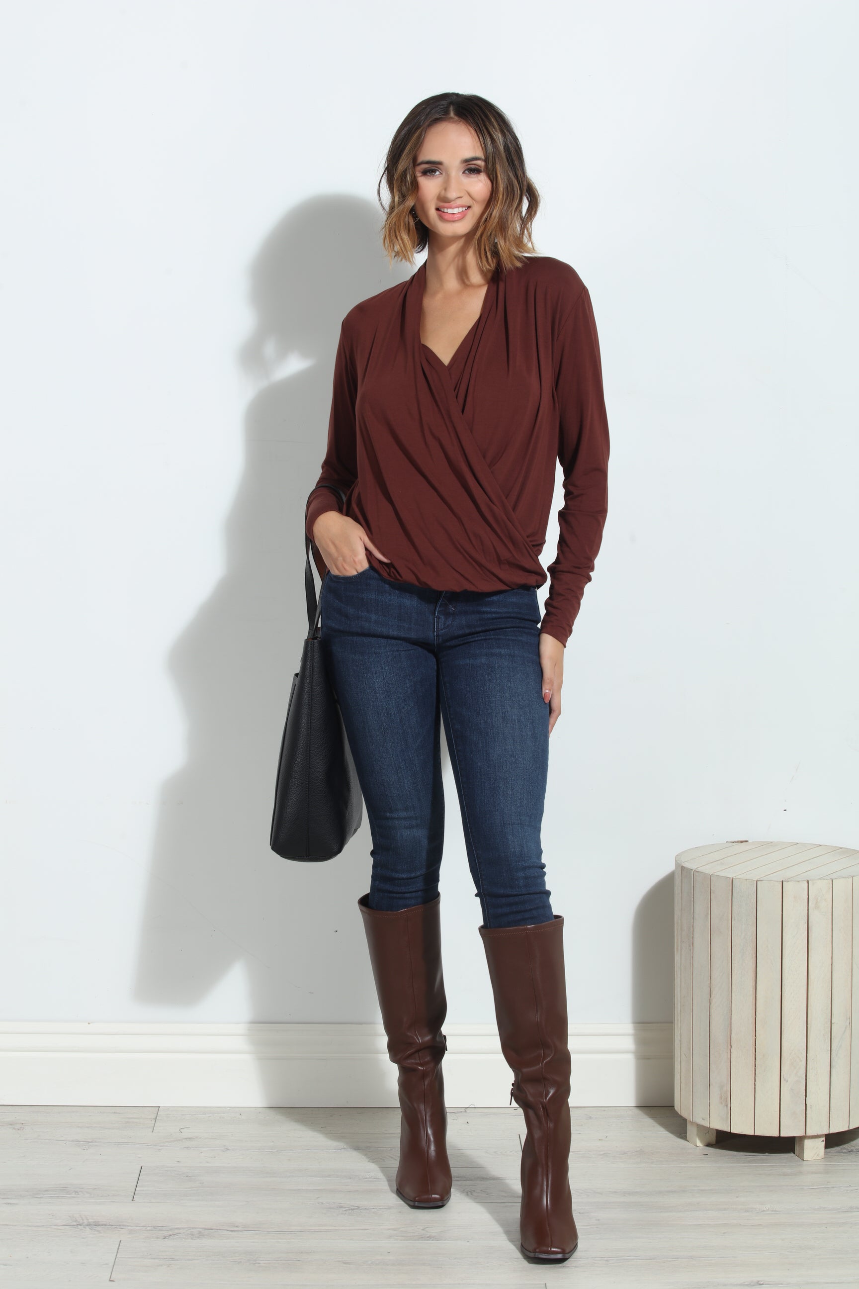 Cocoa Cupro Draped Surplice Top - BEST SELLER