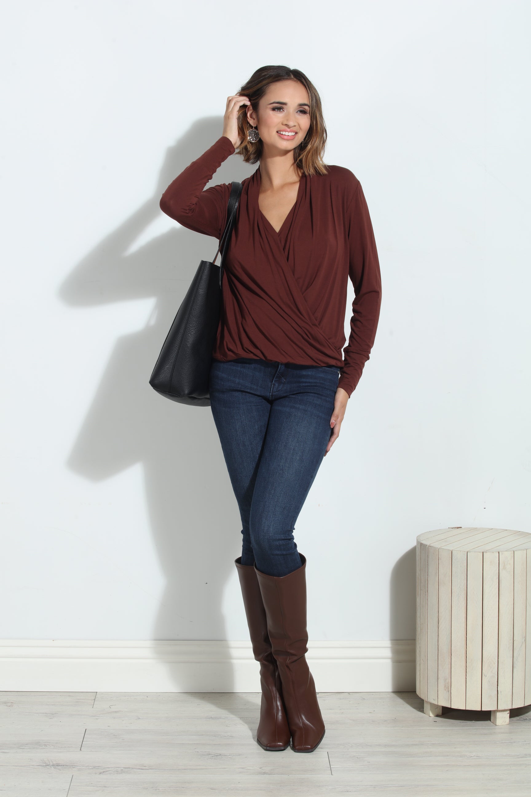 Cocoa Cupro Draped Surplice Top - BEST SELLER