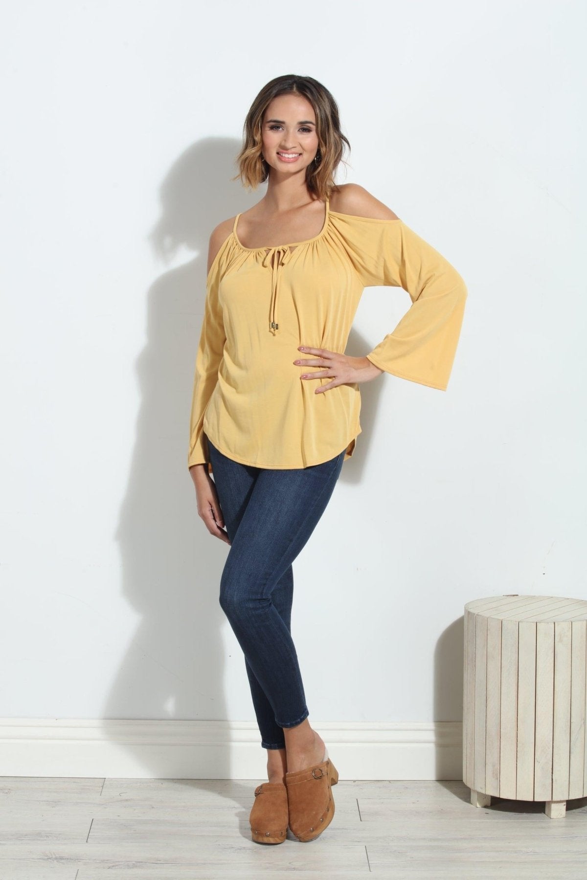 Mustard Cupro Cold Shoulder Top-FINAL SALE