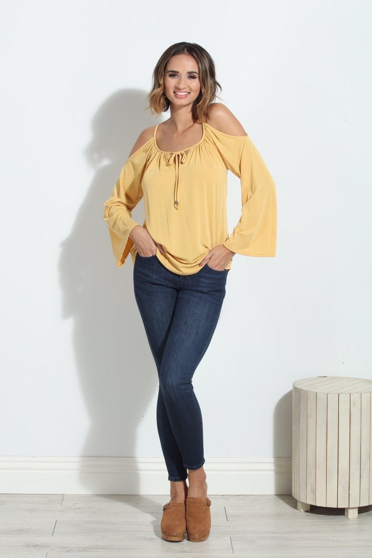Mustard Cupro Cold Shoulder Top-FINAL SALE